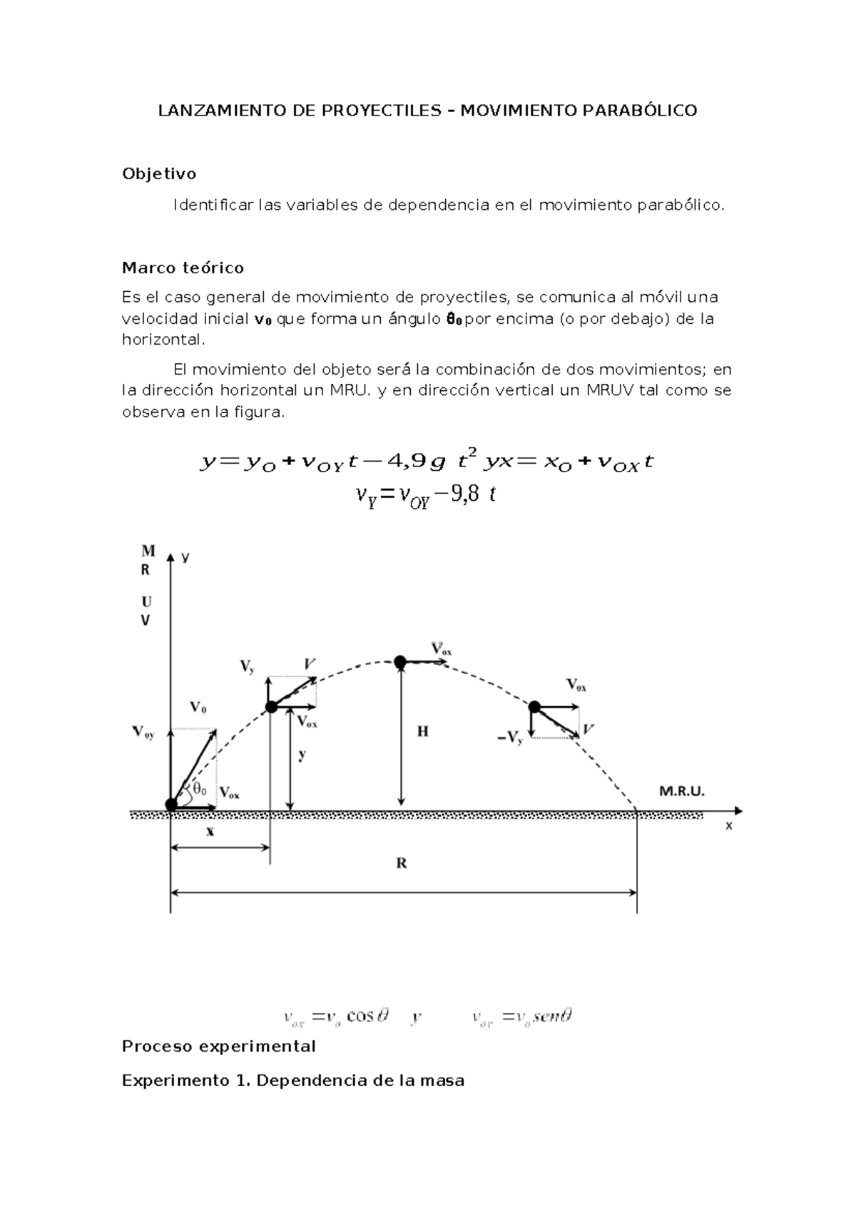 Modelo 2 - LANZAMIENTO DE PROYECTILES – MOVIMIENTO PARABÓLICO Objetivo ...