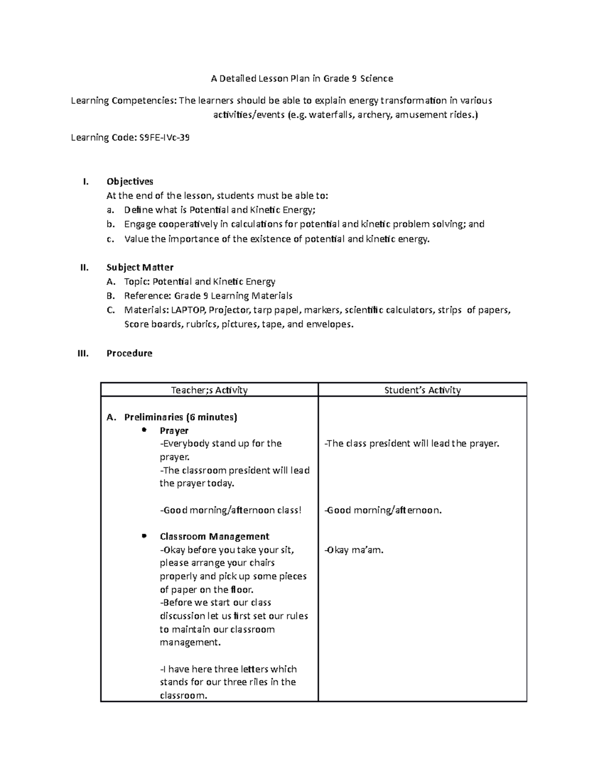 A Detailed Lesson Plan In Grade 9 Energy Waterfalls Archery