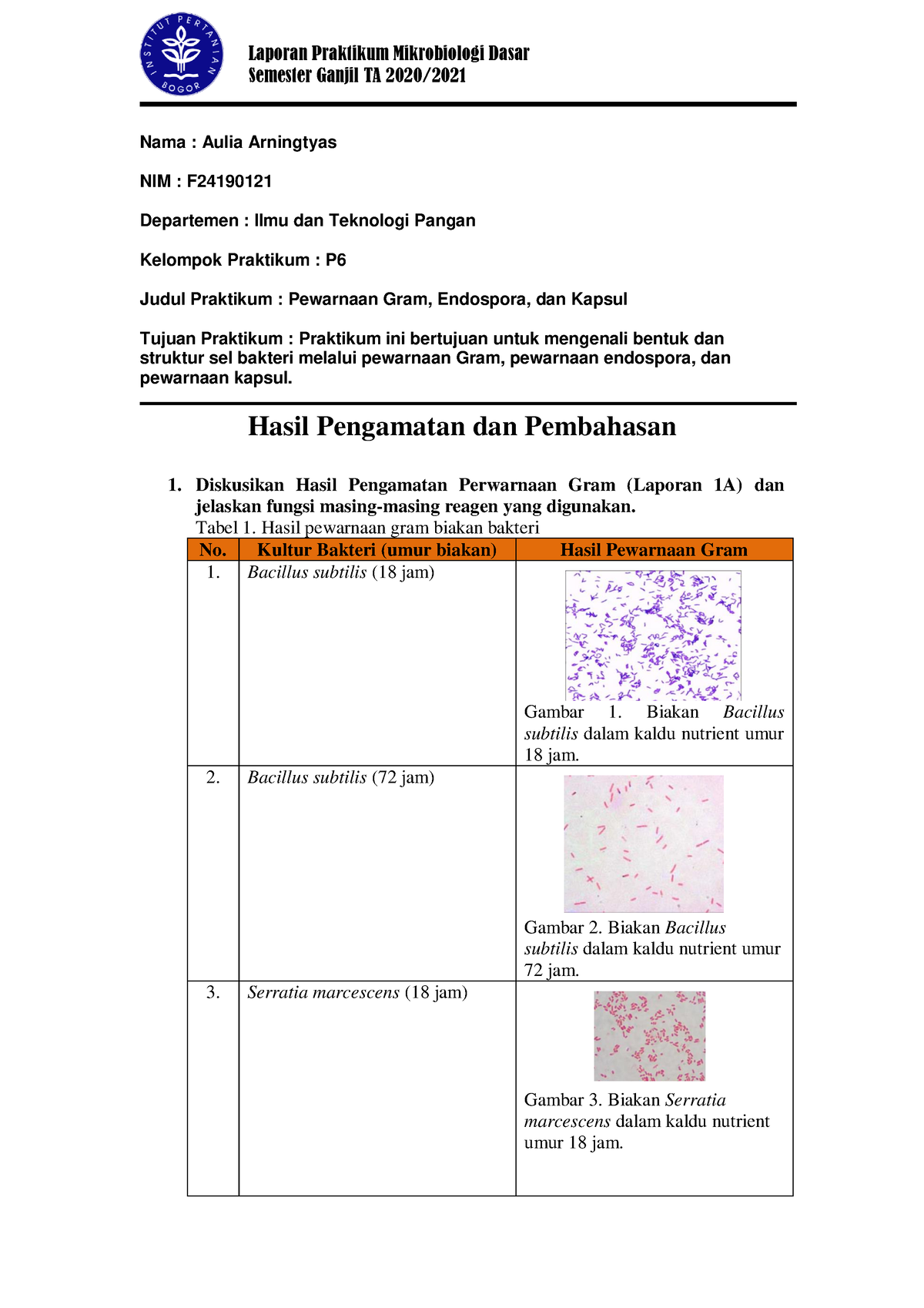 MIKROBIOLOGI DASAR 3 - Semester Ganjil TA 2020/ Nama : Aulia Arningtyas ...