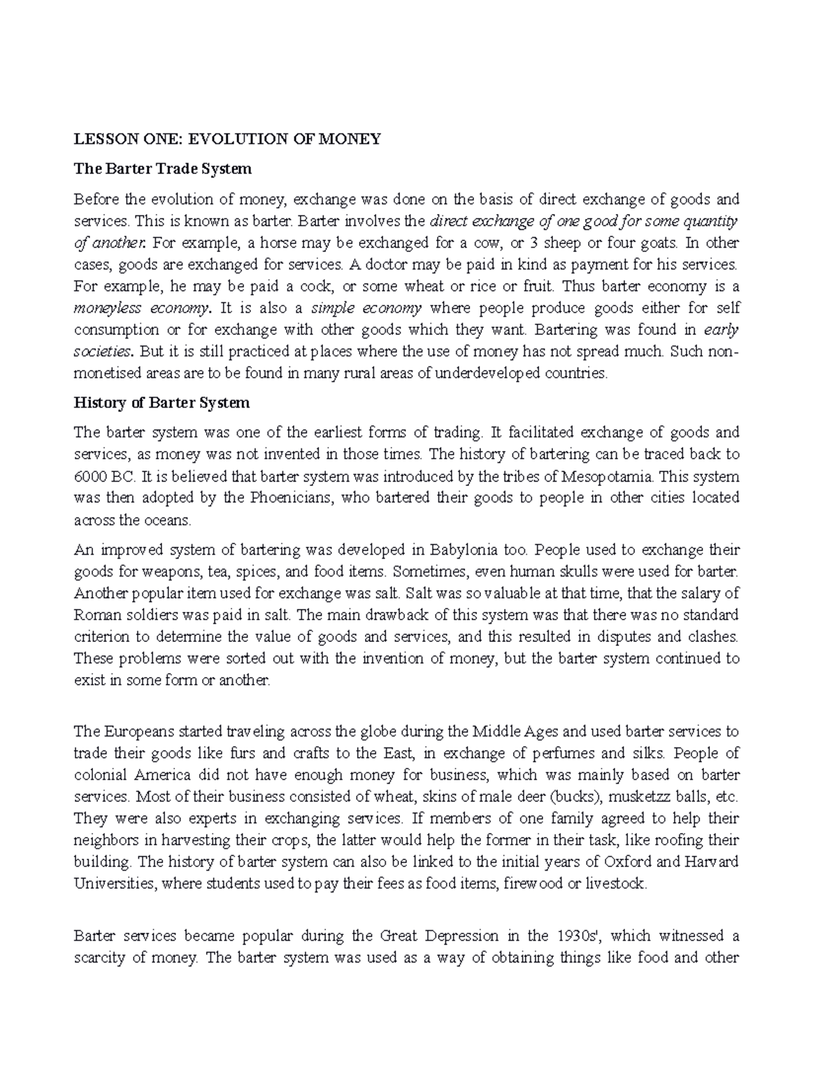 Lesson ONE FNCE 313 Evolution OF Money - LESSON ONE: EVOLUTION OF MONEY