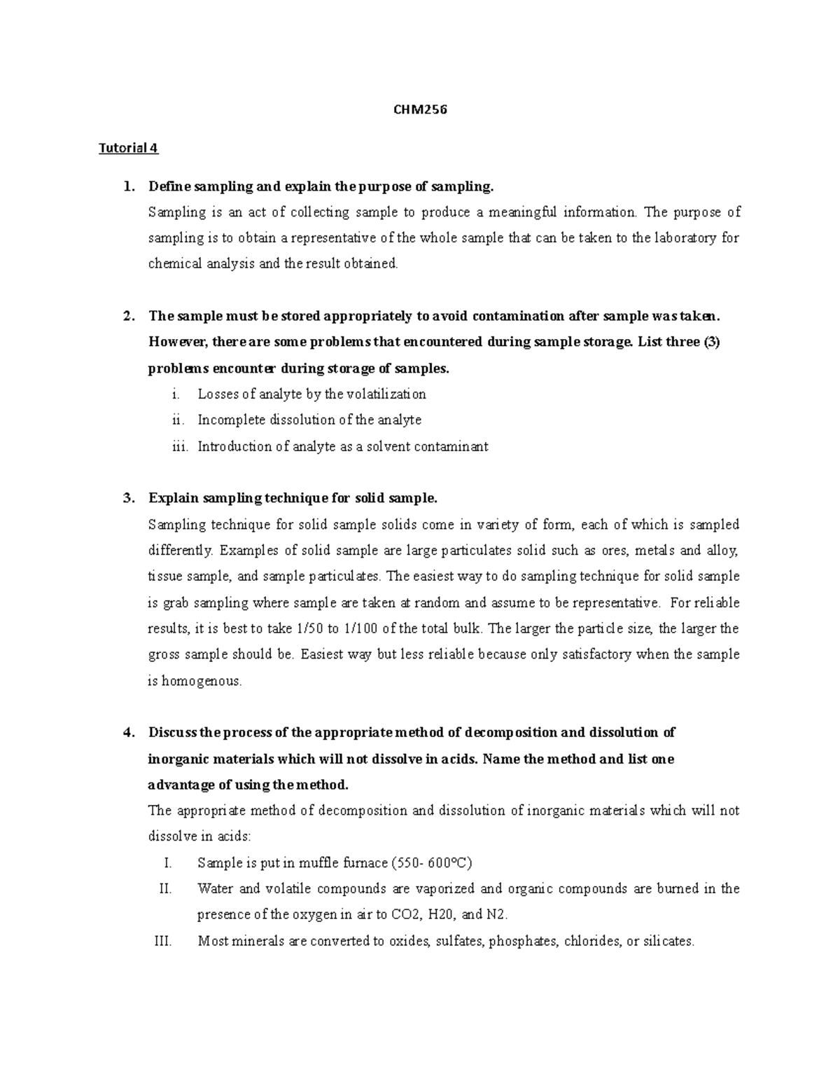 CHM256 Tutorial 4 - CHM Tutorial 4 1. Define Sampling And Explain The ...