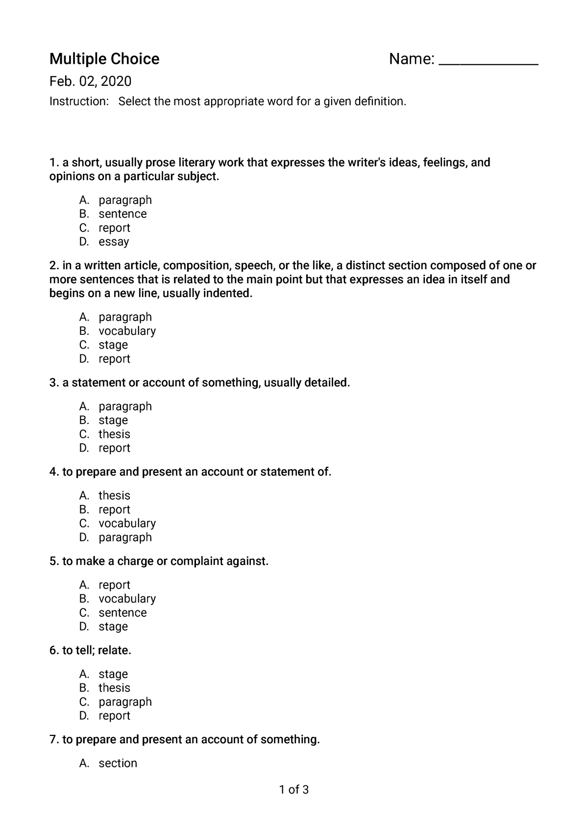 4. Word List 1 Multiple Choice Definition-Word - a short, usually prose ...