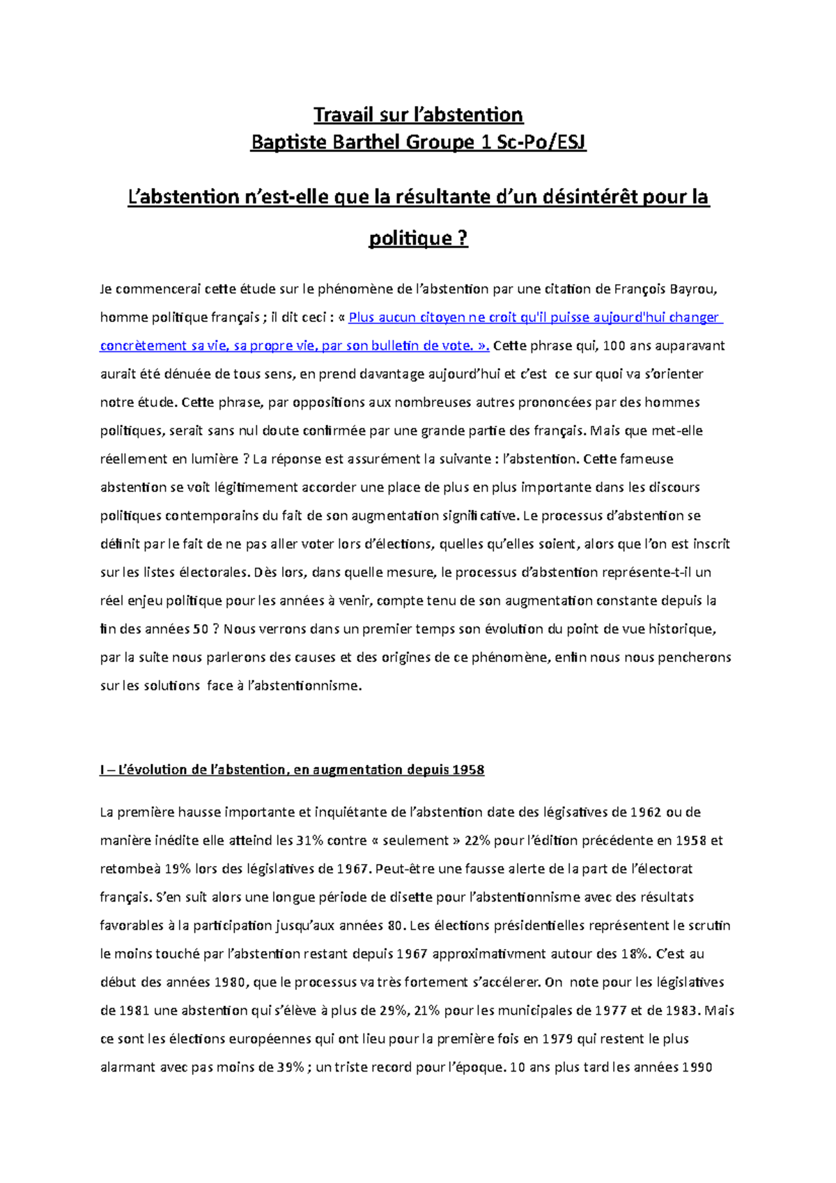 Travail sur l'abstention Travail sur l’abstention Baptiste Barthel Groupe 1 ScPo/ESJ L