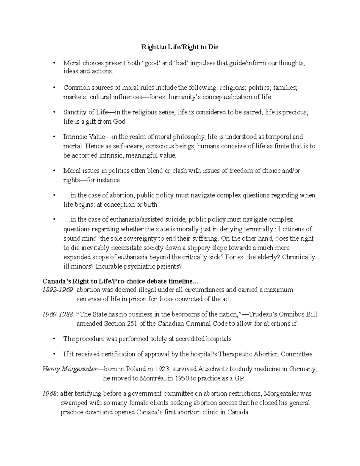 Week Eleven Outline (Right to Life-Right to Die) - Right to Life/Right ...