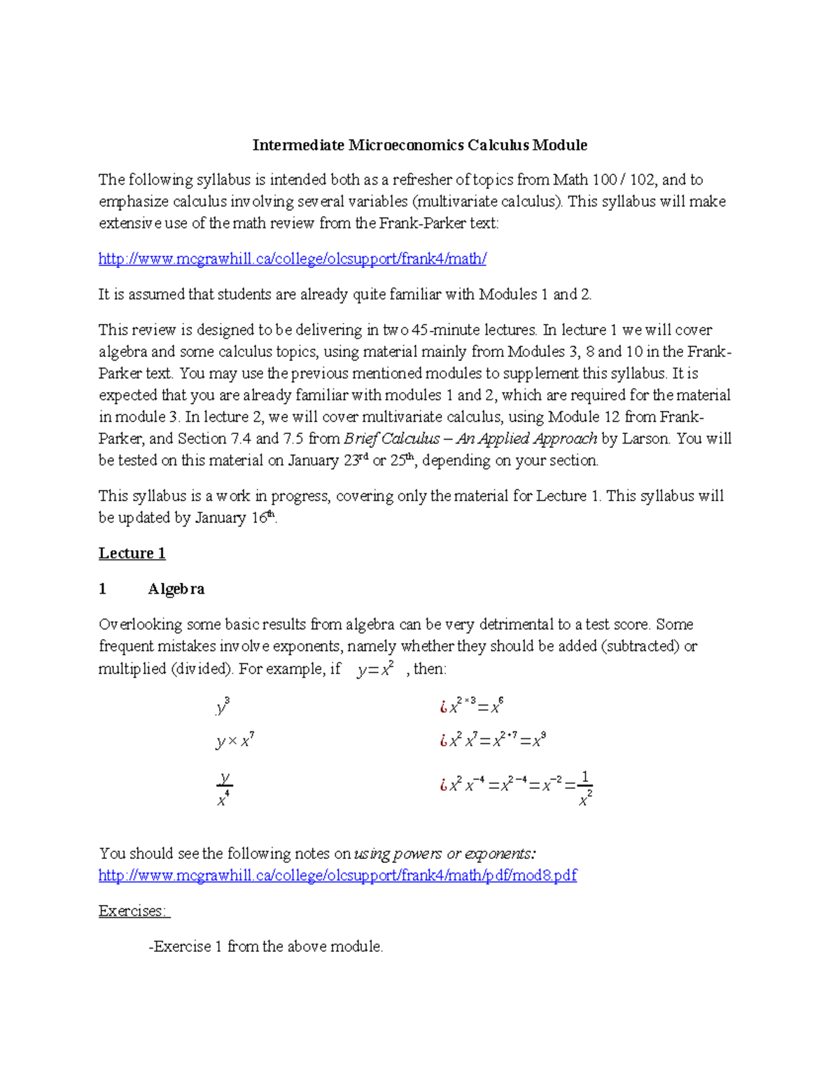 Intermediate Micro Calc Module Lecture 1 - Intermediate Microeconomics ...