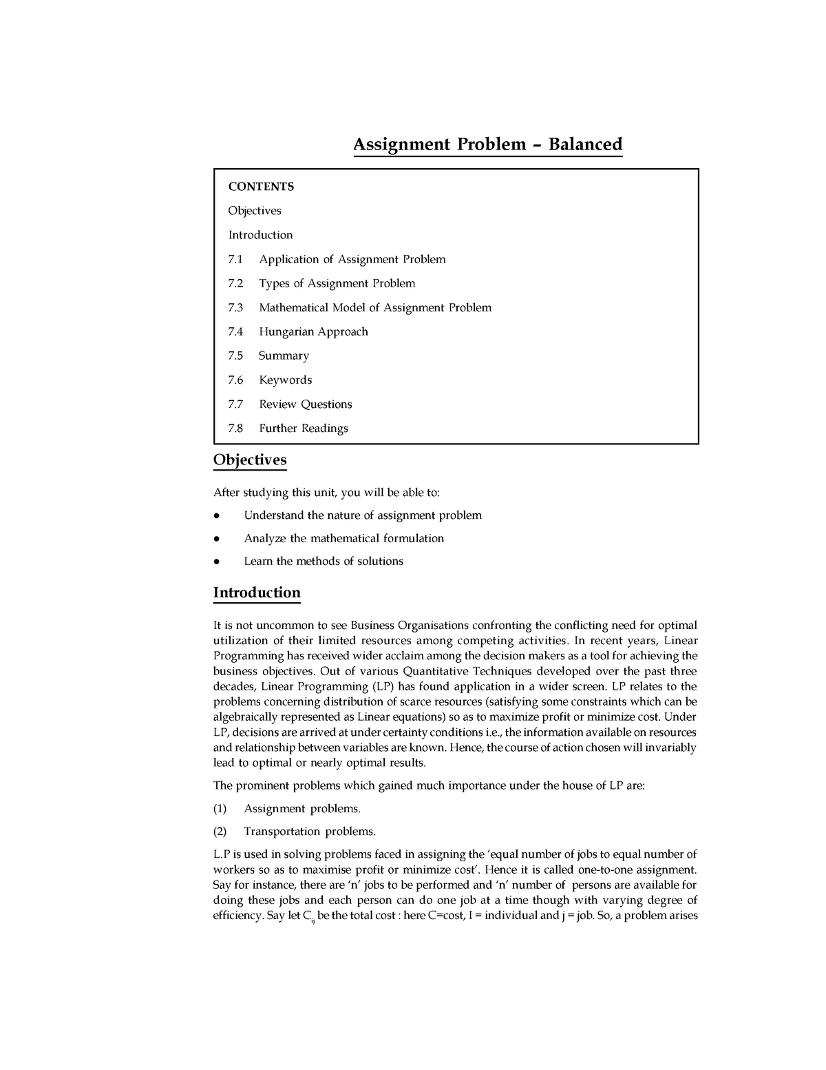 balanced assignment problem in operational research