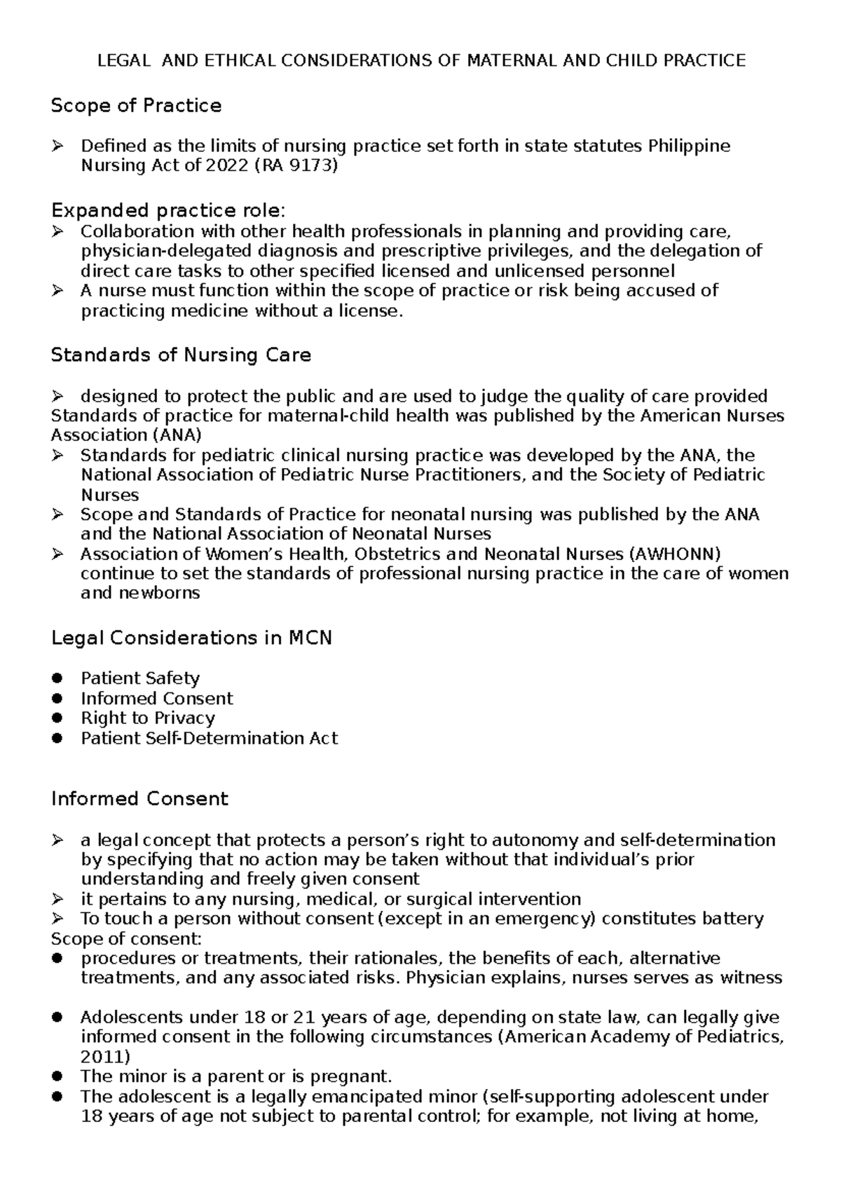 Legal AND Ethical Considerations II LEGAL AND ETHICAL CONSIDERATIONS OF MATERNAL AND CHILD 