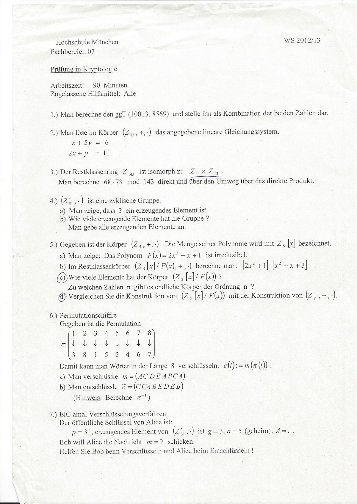 Klausur 30 Januar Wintersemester 2012 2013 Fragen Hoehsehule Mﬁnchen WS 2012 13 Fachbereieh