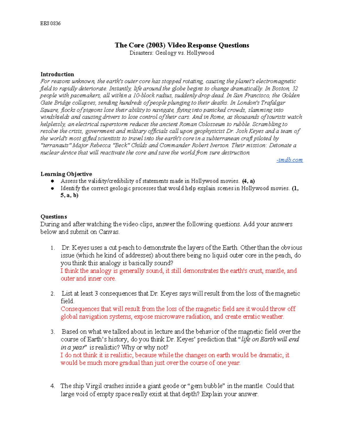 Copy of MQ The Core - homework - EES 0836 The Core (2003) Video ...