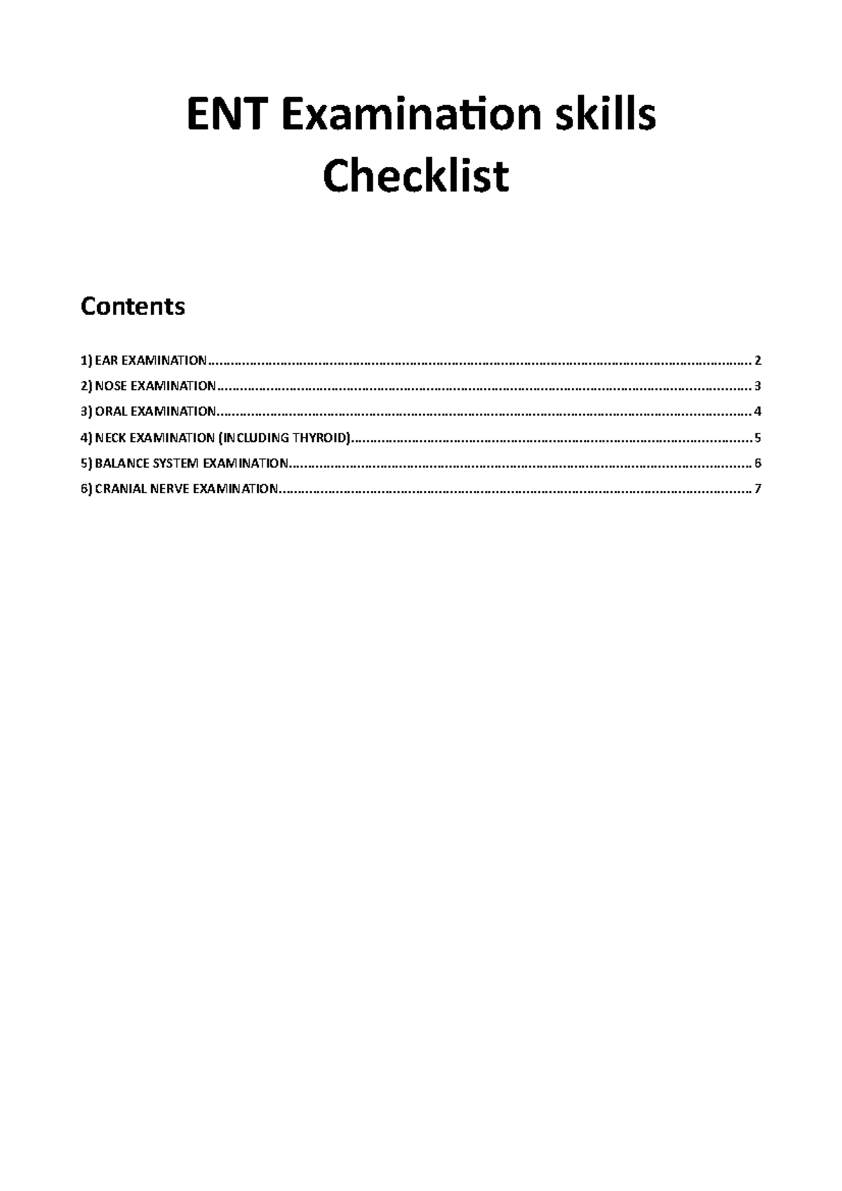 Head and neck / ENT examinations checklist for OSCE ENT Examination