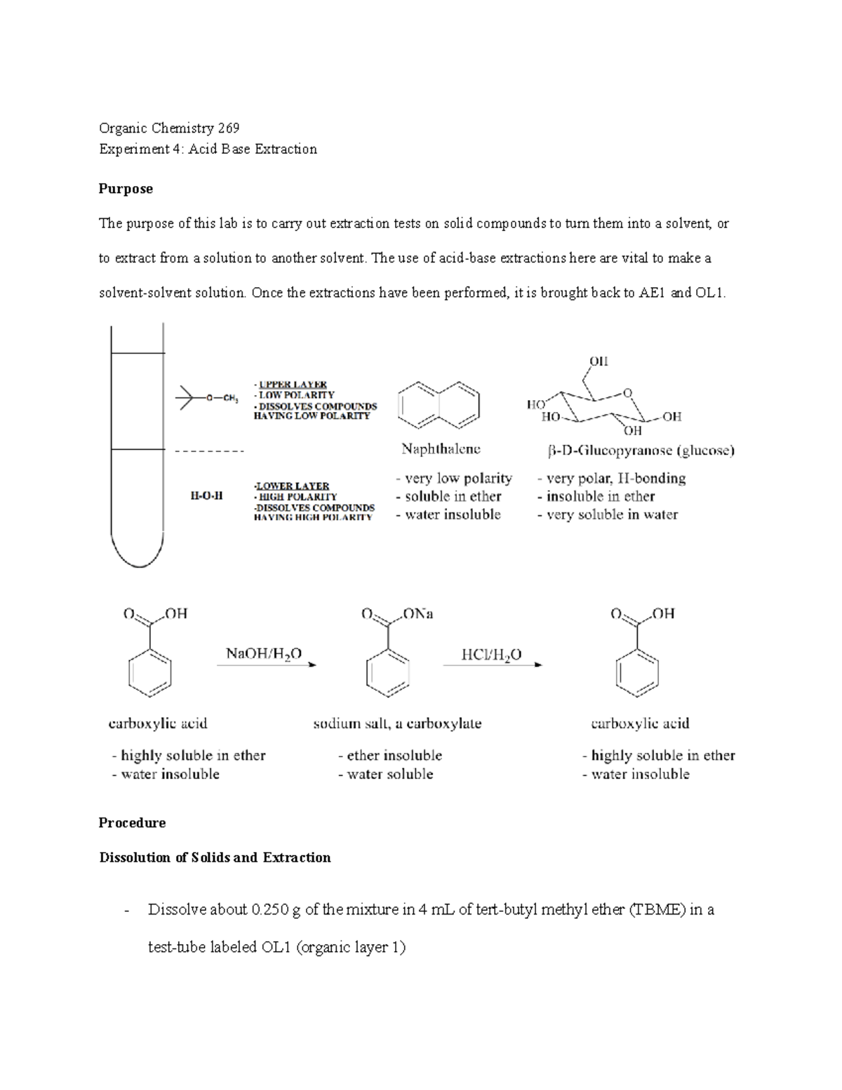 Acid Base Prelab grade a Organic Chemistry 269 Experiment 4 Acid