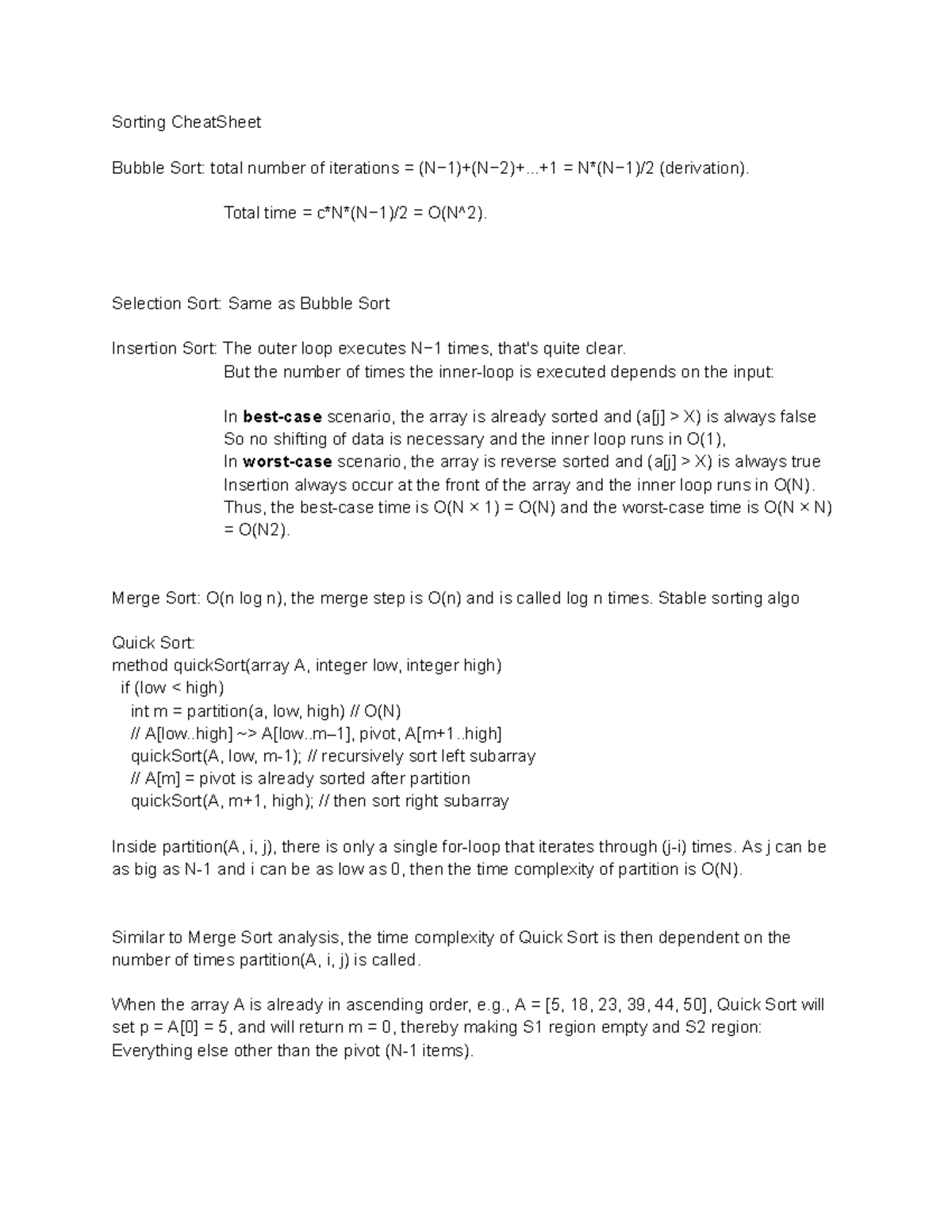 Sorting Cheat Sheet - Summary Data Structures and Algorithms - Sorting ...