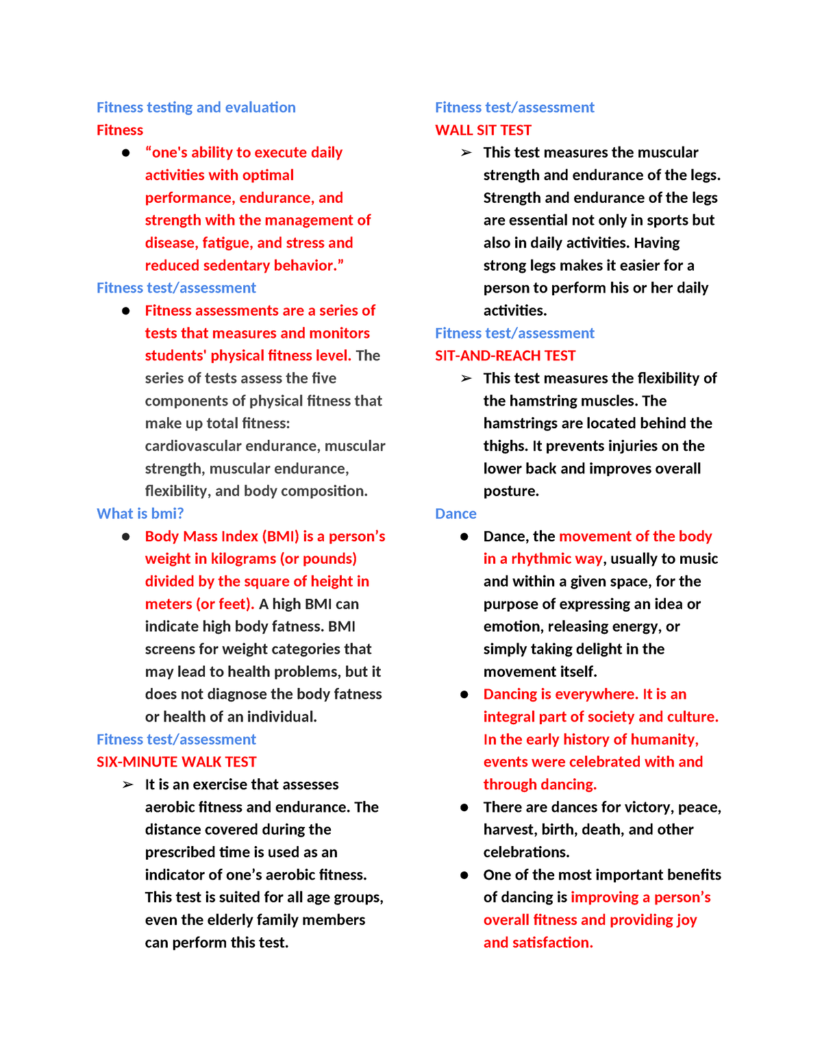 PE - Summary Basic Education - Fitness testing and evaluation Fitness ...