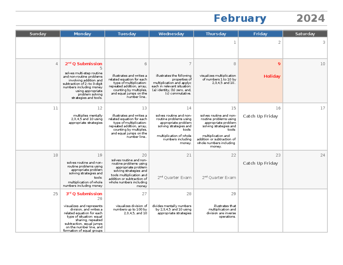 Grade 2 Math DLL - February 2024 Sunday Monday Tuesday Wednesday ...