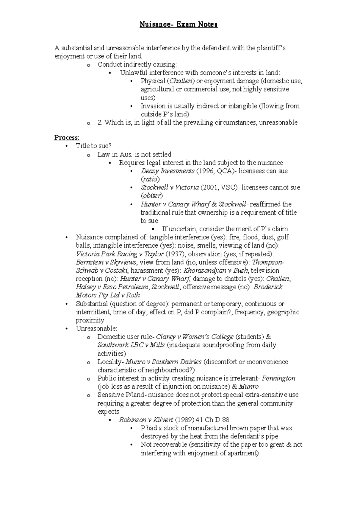 Nuisance - Lecture notes 10 - Nuisance- Exam Notes A substantial and ...