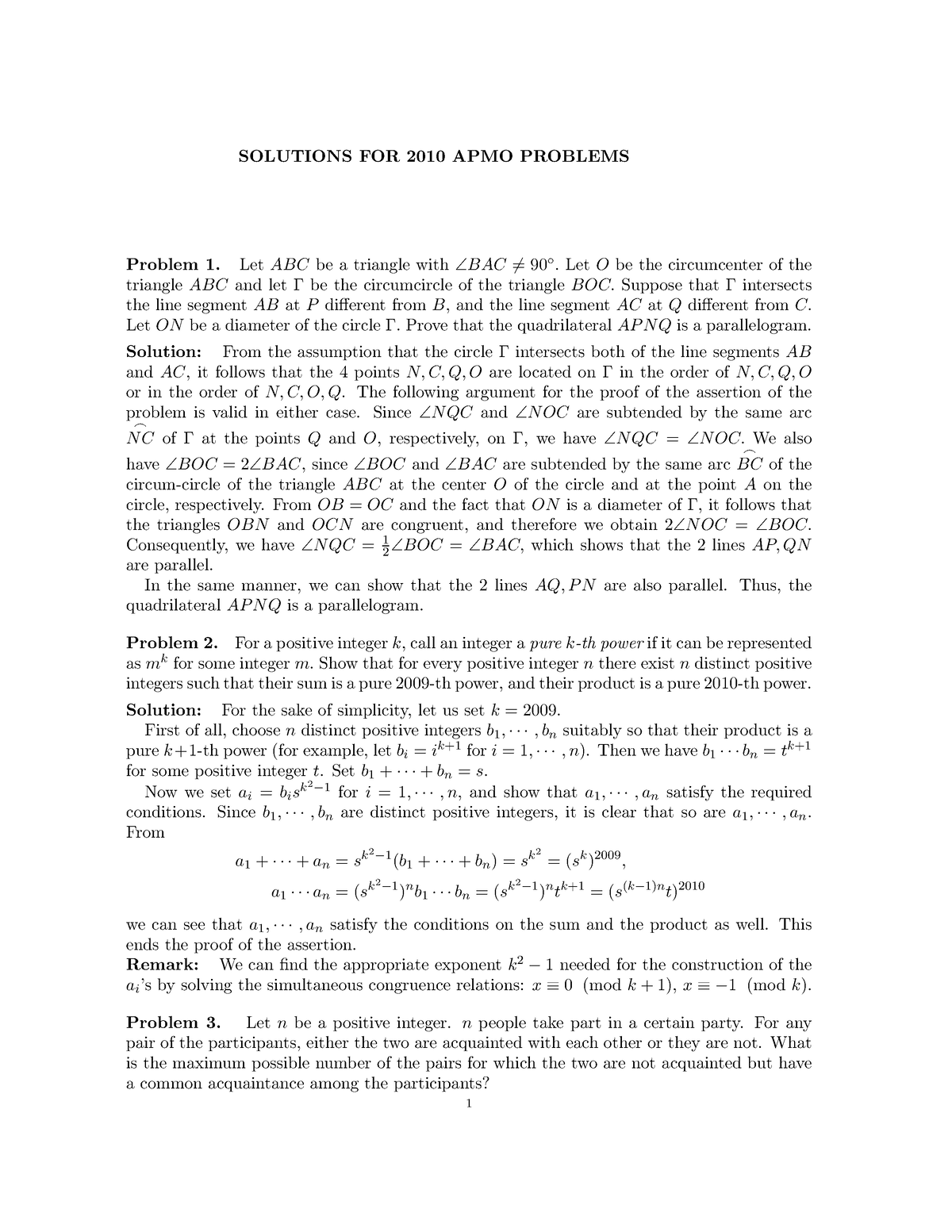 Loi Giai APMO 2010 - Apmo - SOLUTIONS FOR 2010 APMO PROBLEMS Problem 1 ...