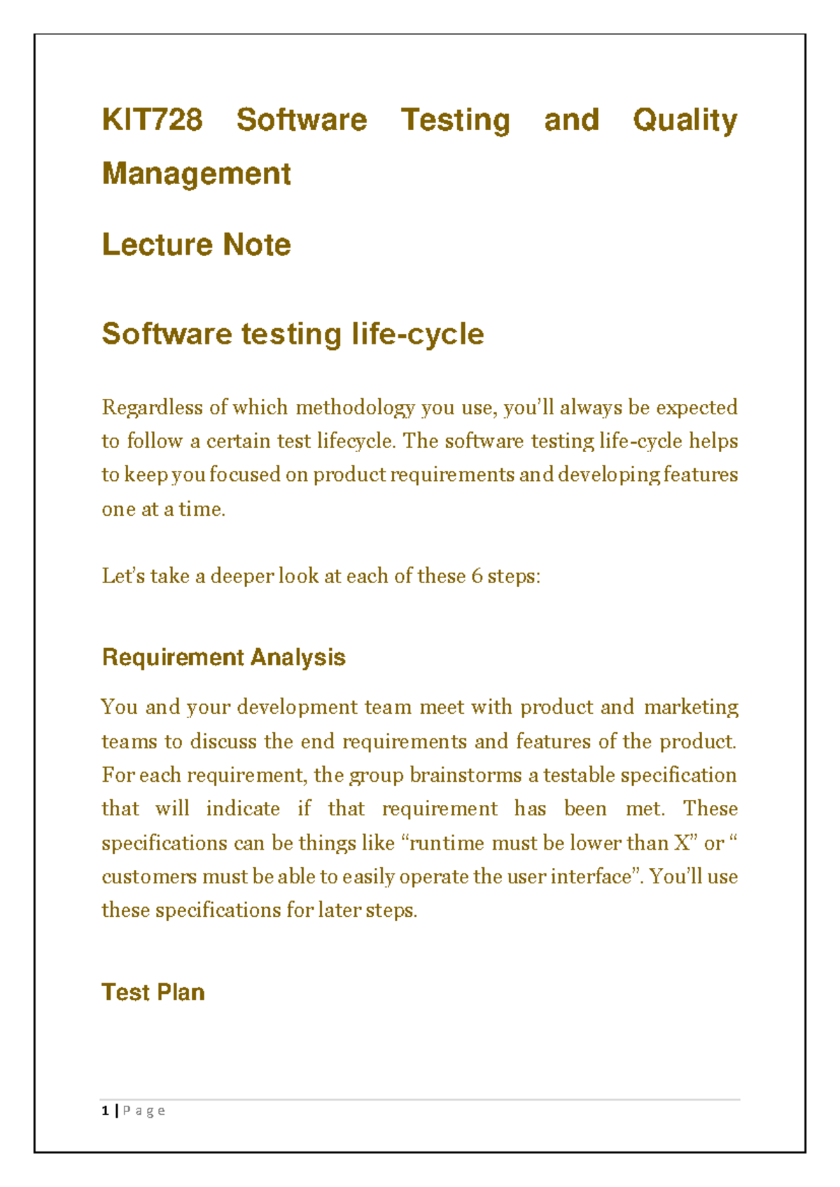KIT728 Software Testing and Quality Management Software testing life ...