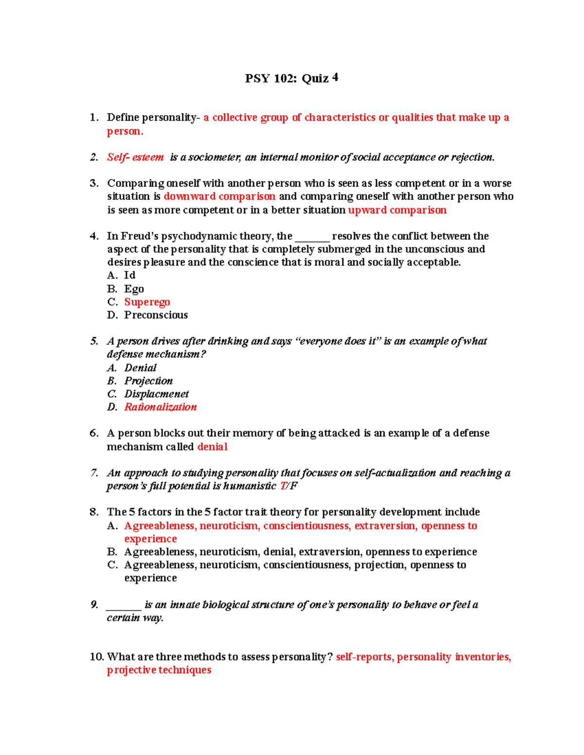 PSY 102 Quiz 4 Garde 90 - PSY 102: Quiz 4 Define Personality- A ...