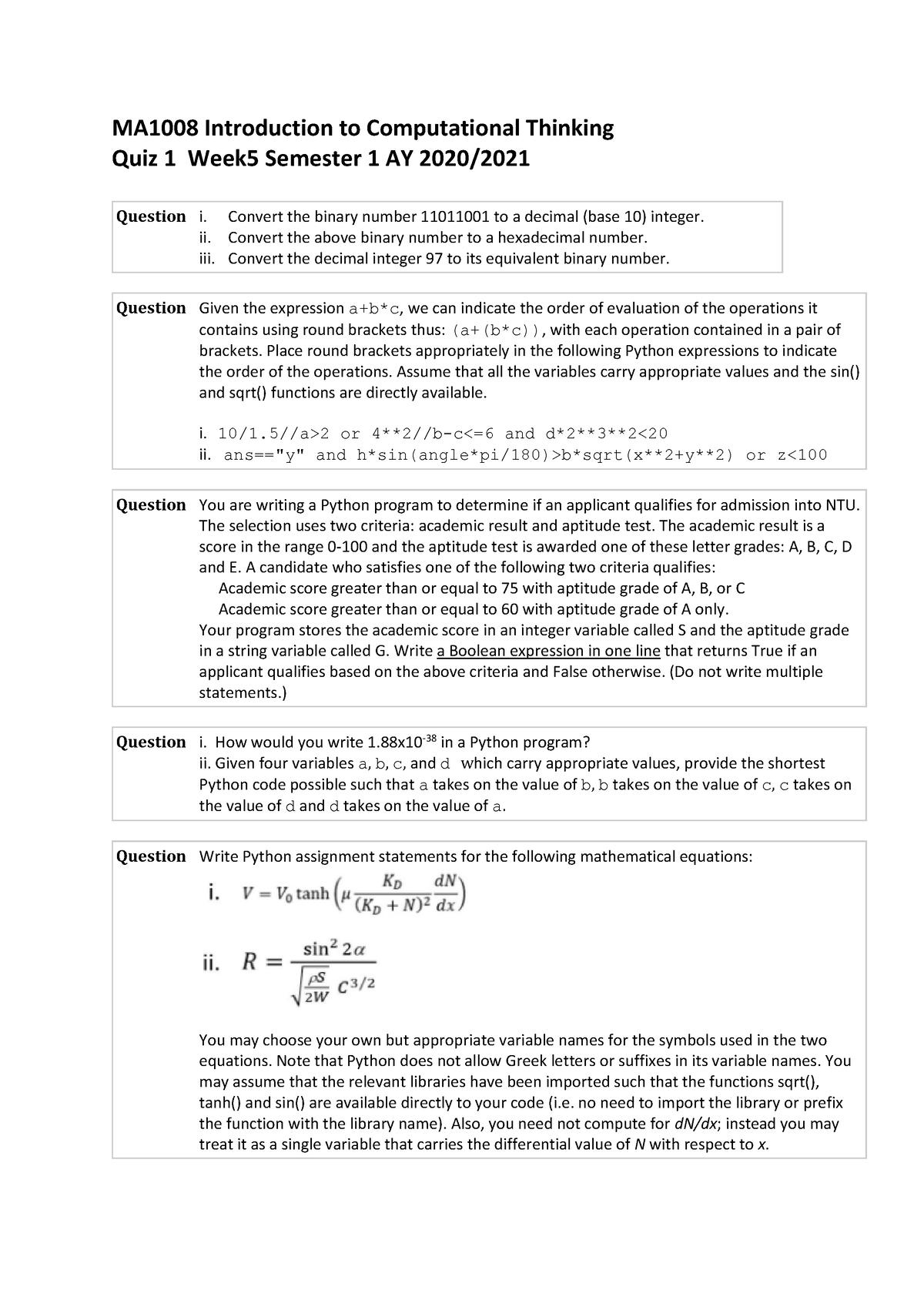 CA1 AY2020-2021 S1 - CA1 AY2020-2021 S1 - MA1008 Introduction To ...