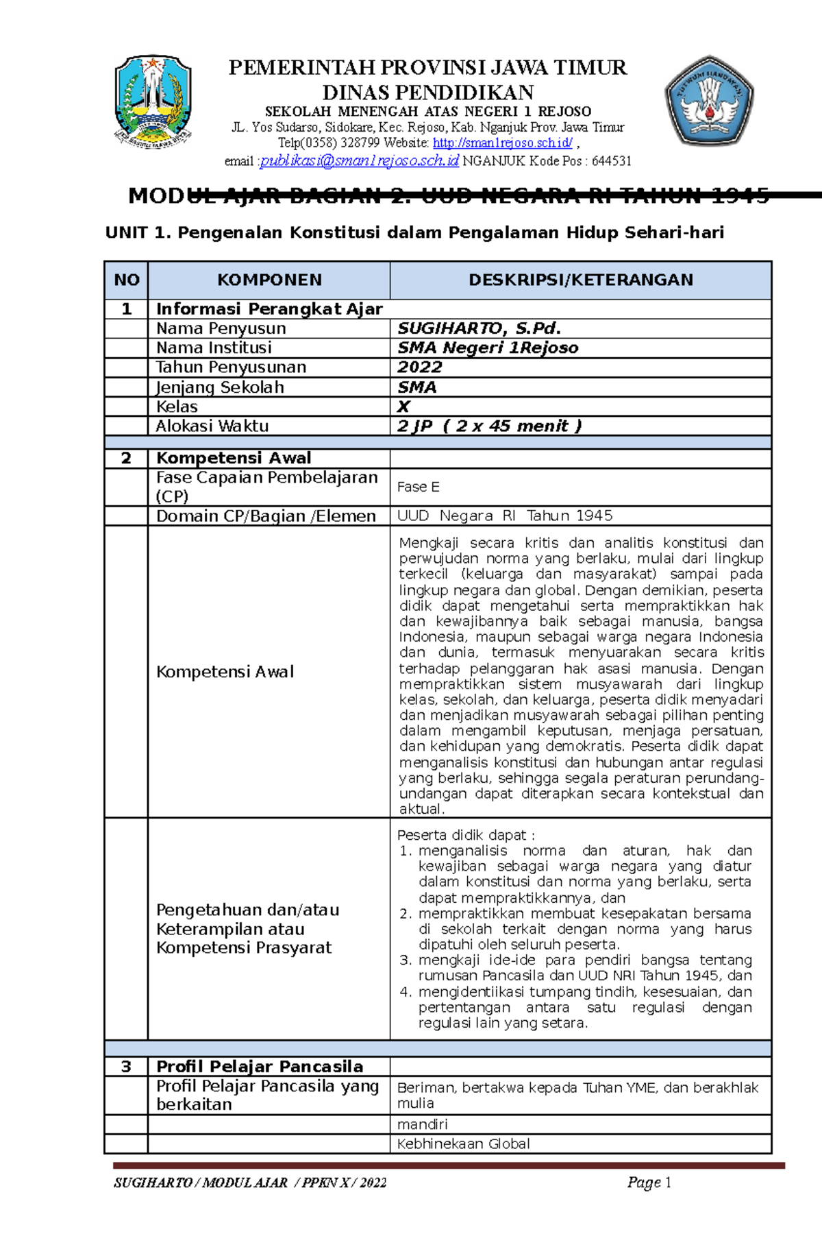 1. Modul AJAR Bagian 2 UNIT 1 PPKN X - MODUL AJAR BAGIAN 2. UUD NEGARA ...