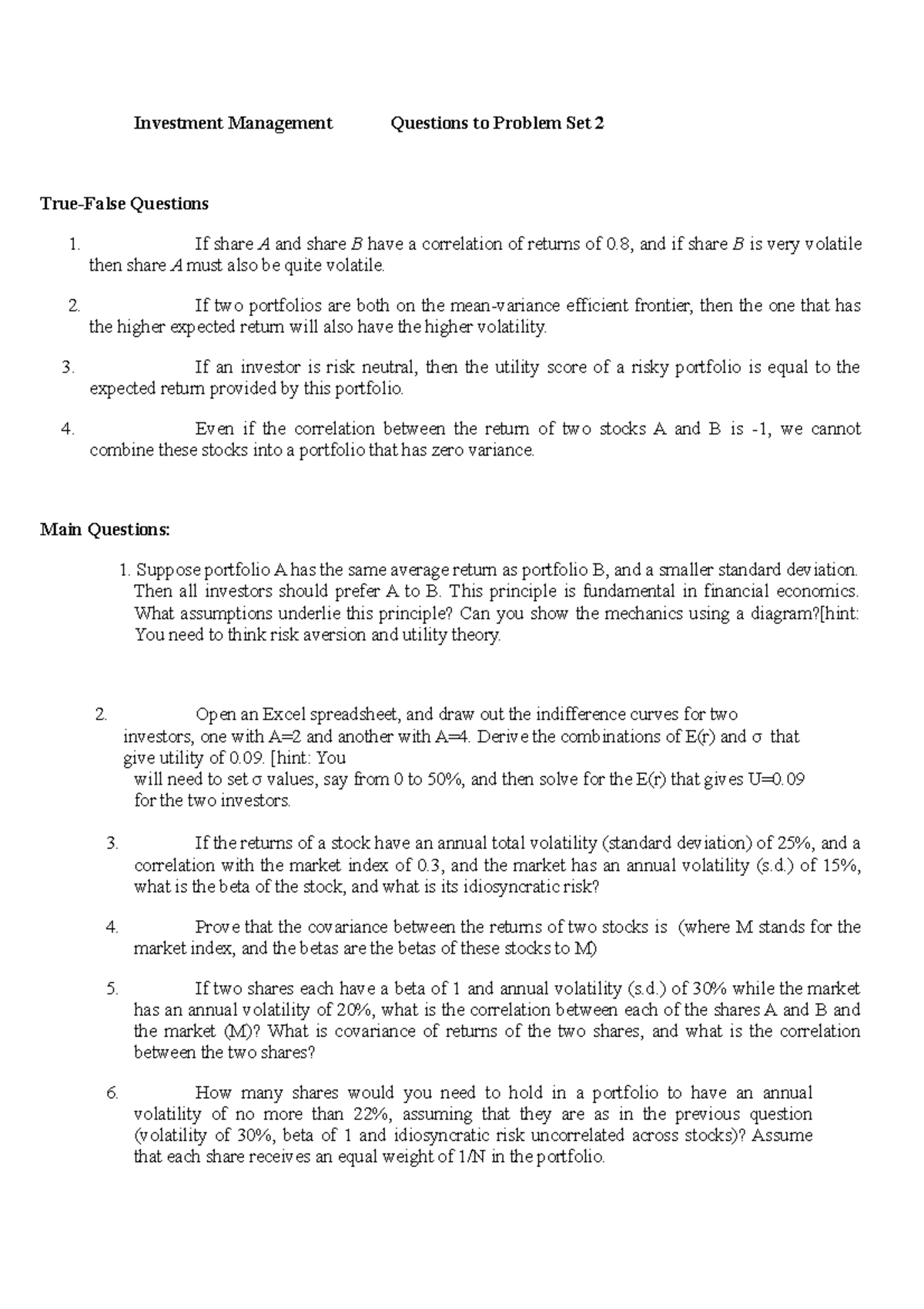 Problem Set 2 - week2 - Investment Management Questions to Problem Set ...