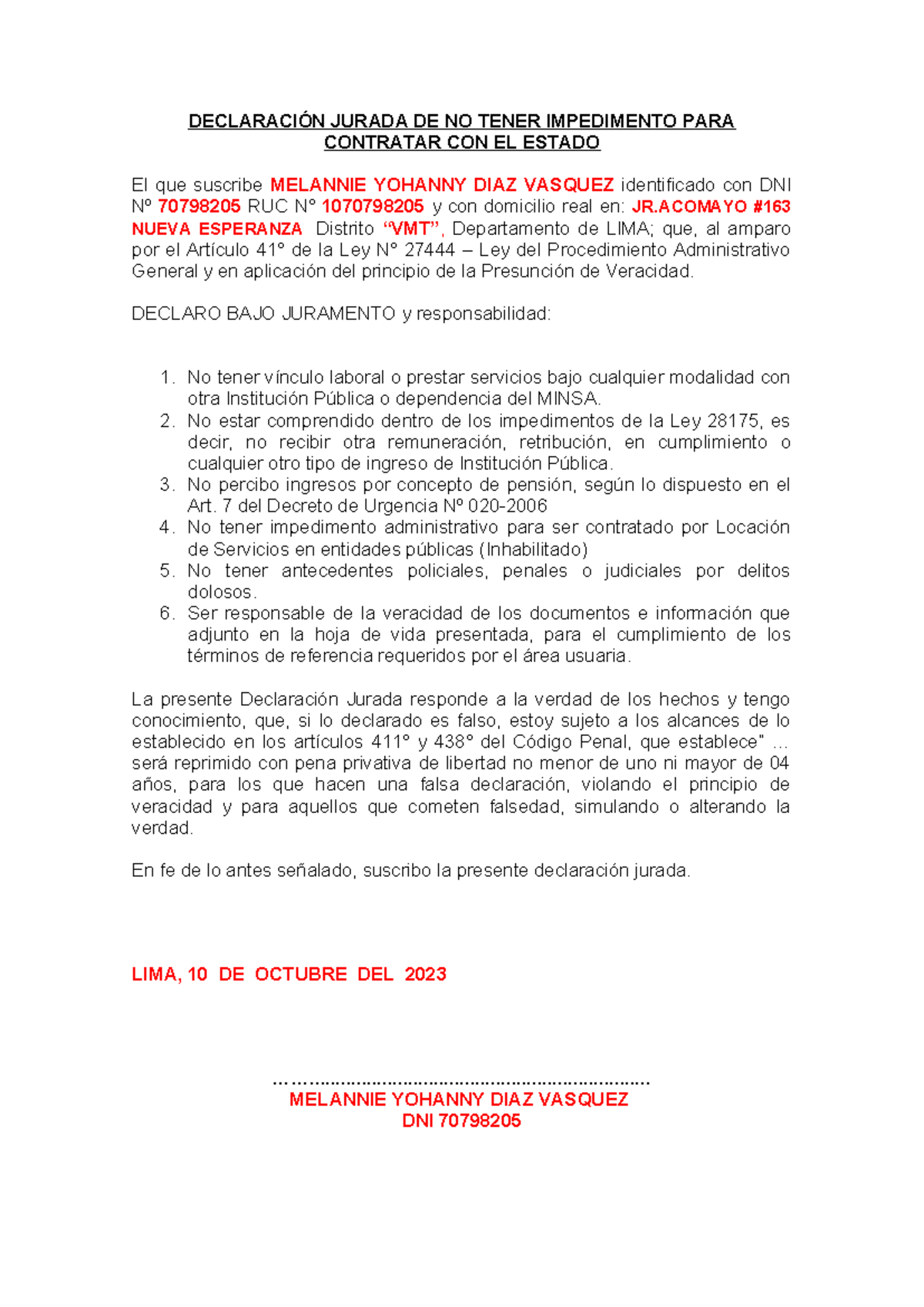 Declaración Jurada DE NO Tener Impedimento PARA Contratar CON EL Estado ...