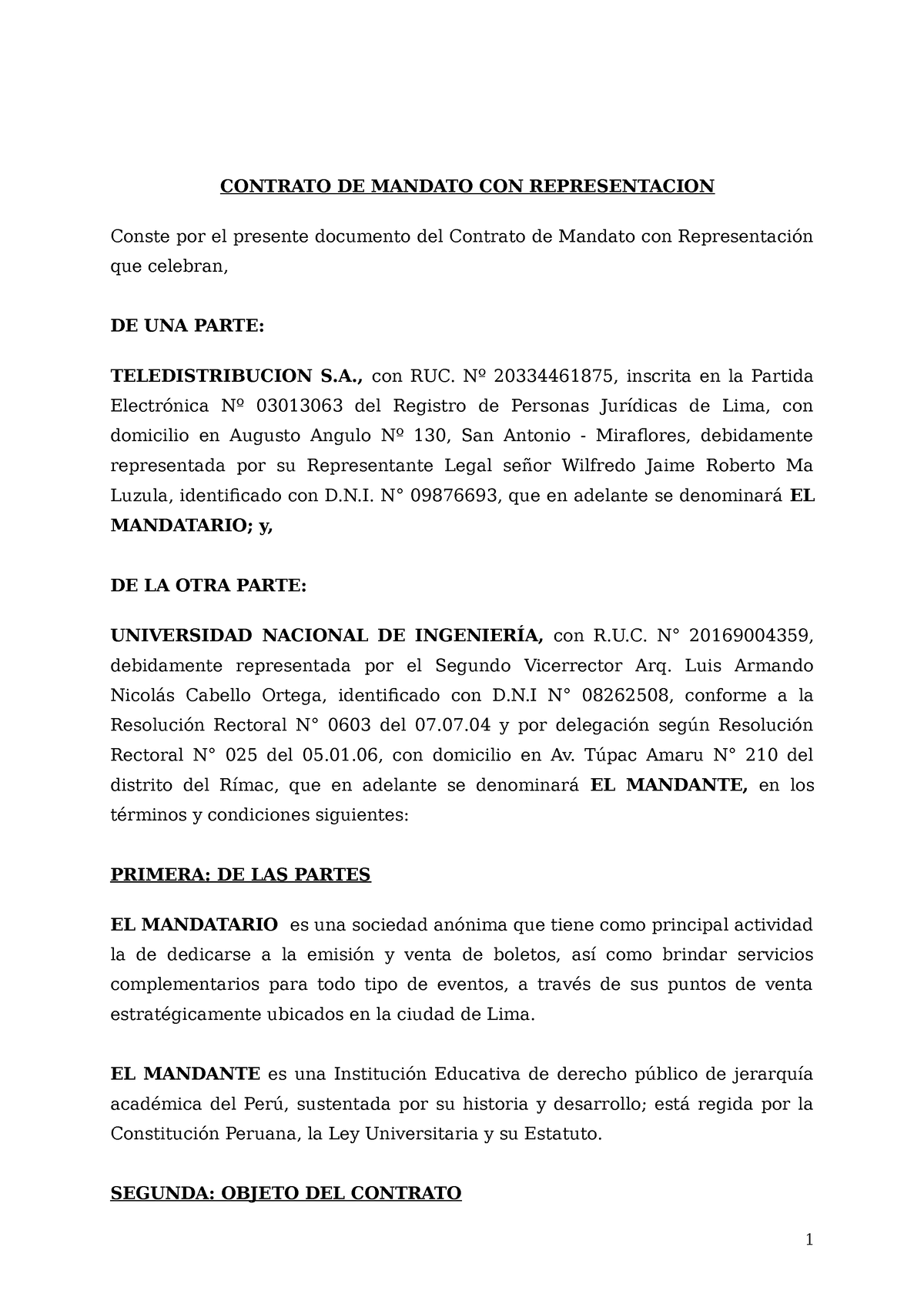 Contrato De Mandato Contrato U Orden De Contrato De Mandato Con Representacion Conste Por El 9171