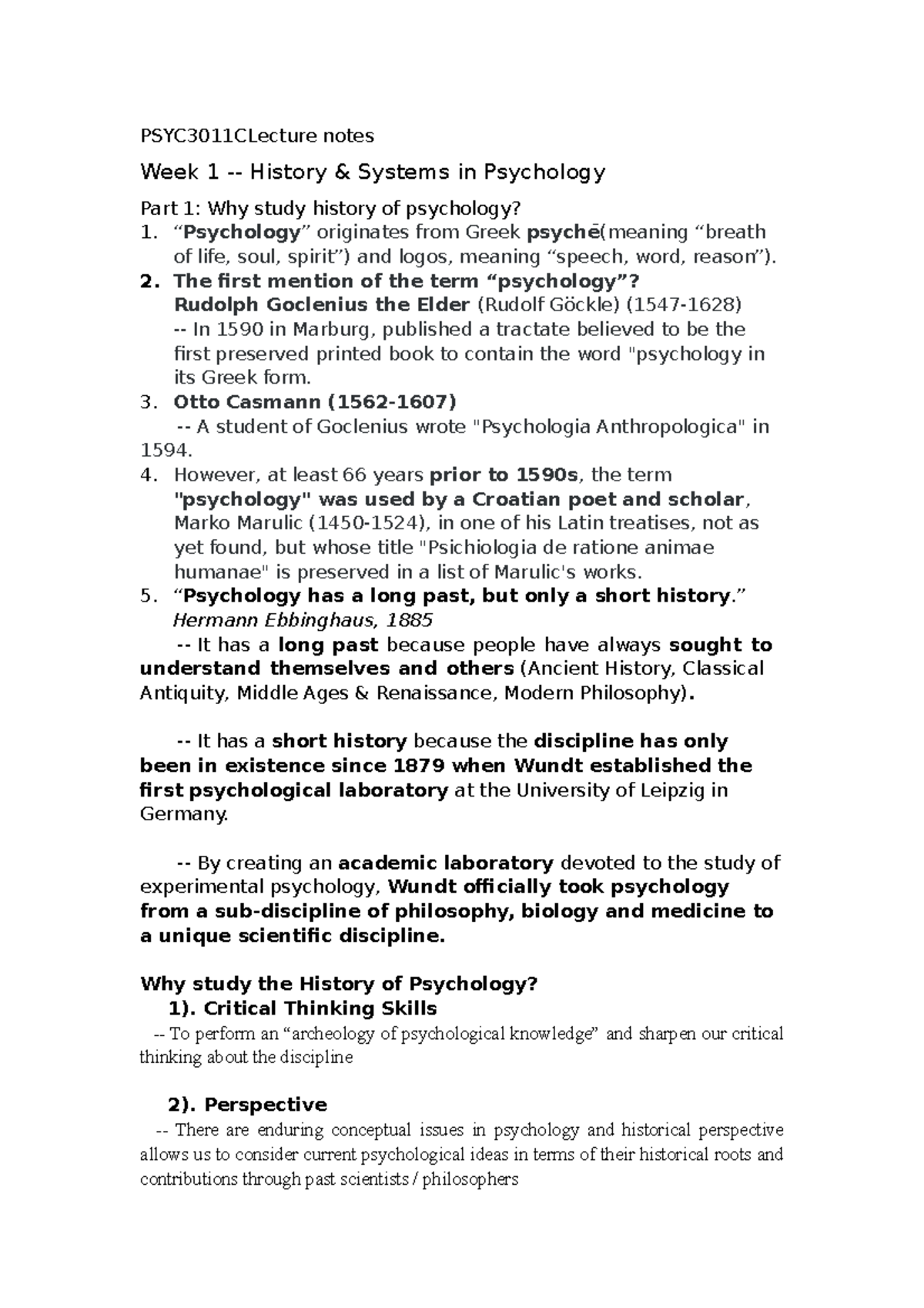 PSYC3011 Lecture notes - PSYC3011CLecture notes Week 1 - History ...