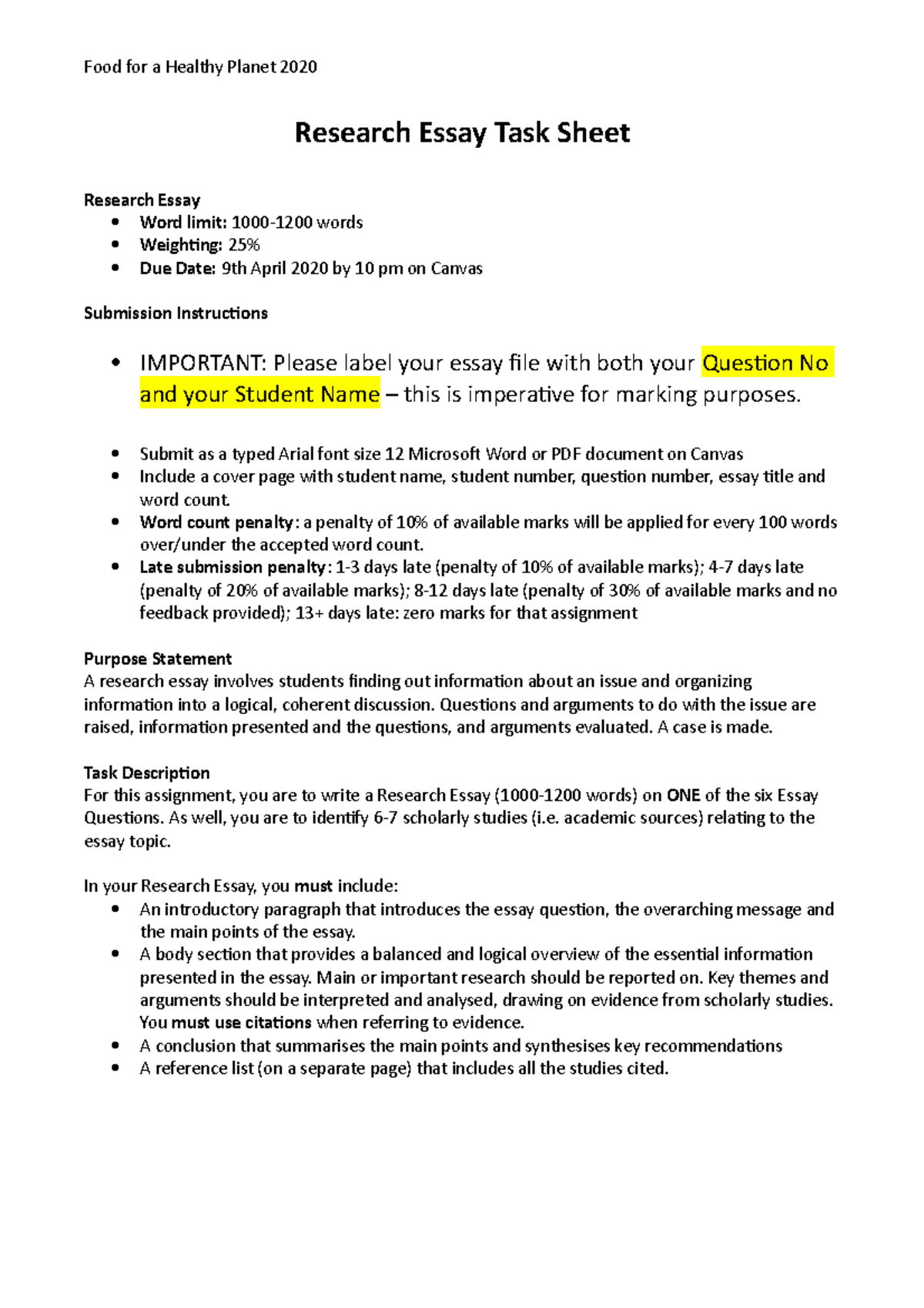 UNIB10009 Task Sheet final - Food for a Healthy Planet 2020 Research ...