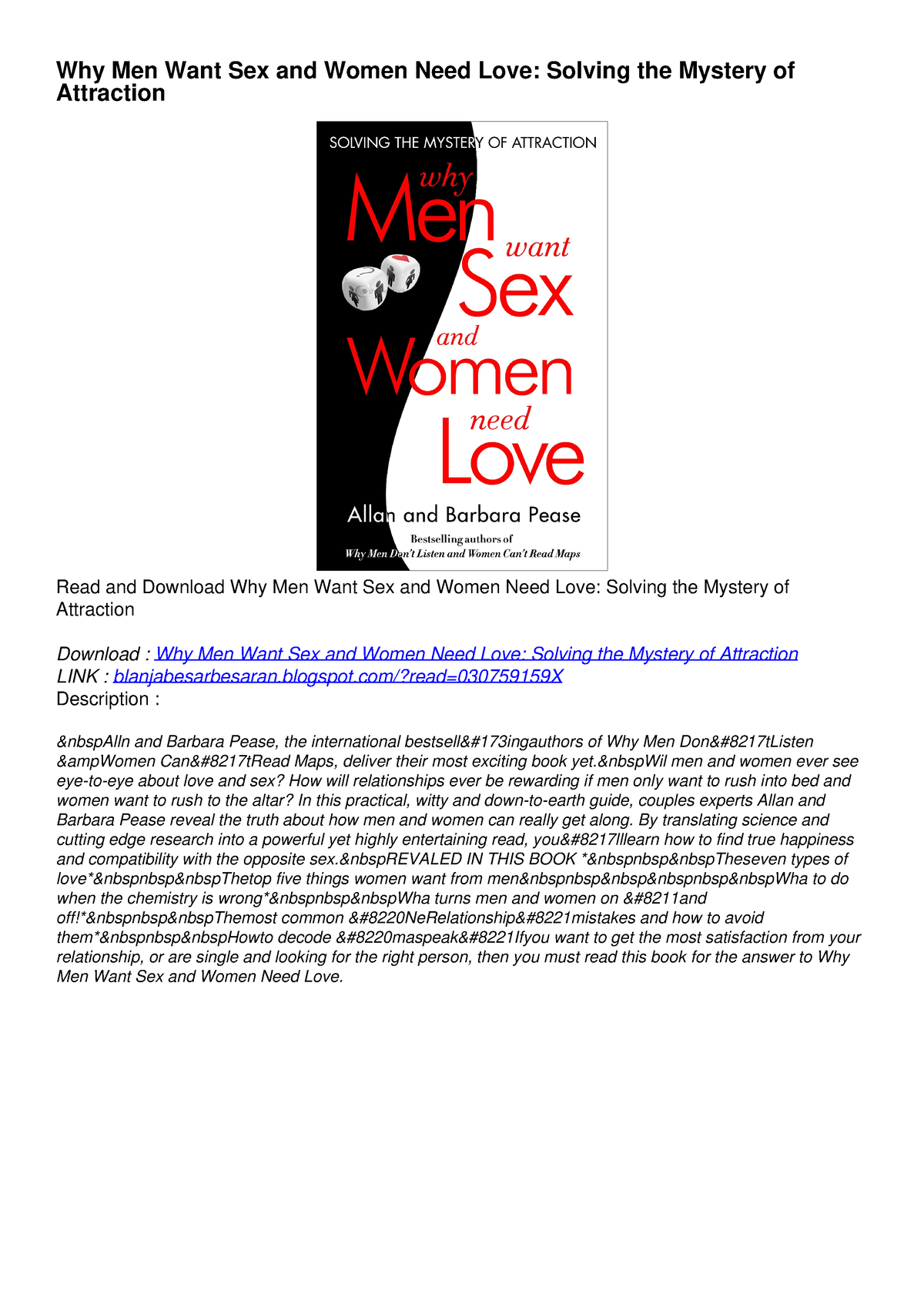 Pdf Kindle Download Why Men Want Sex And Women Need Love Solving The