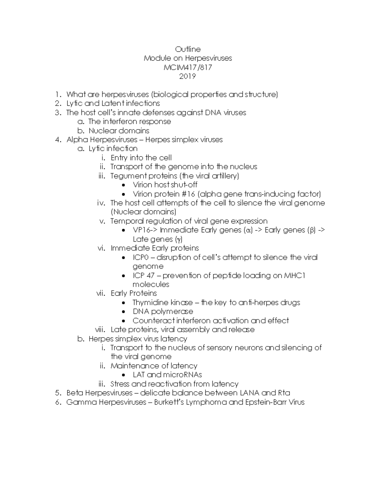 Herpesviruses outline - Outline Module on Herpesviruses MCIM417/ 2019 ...