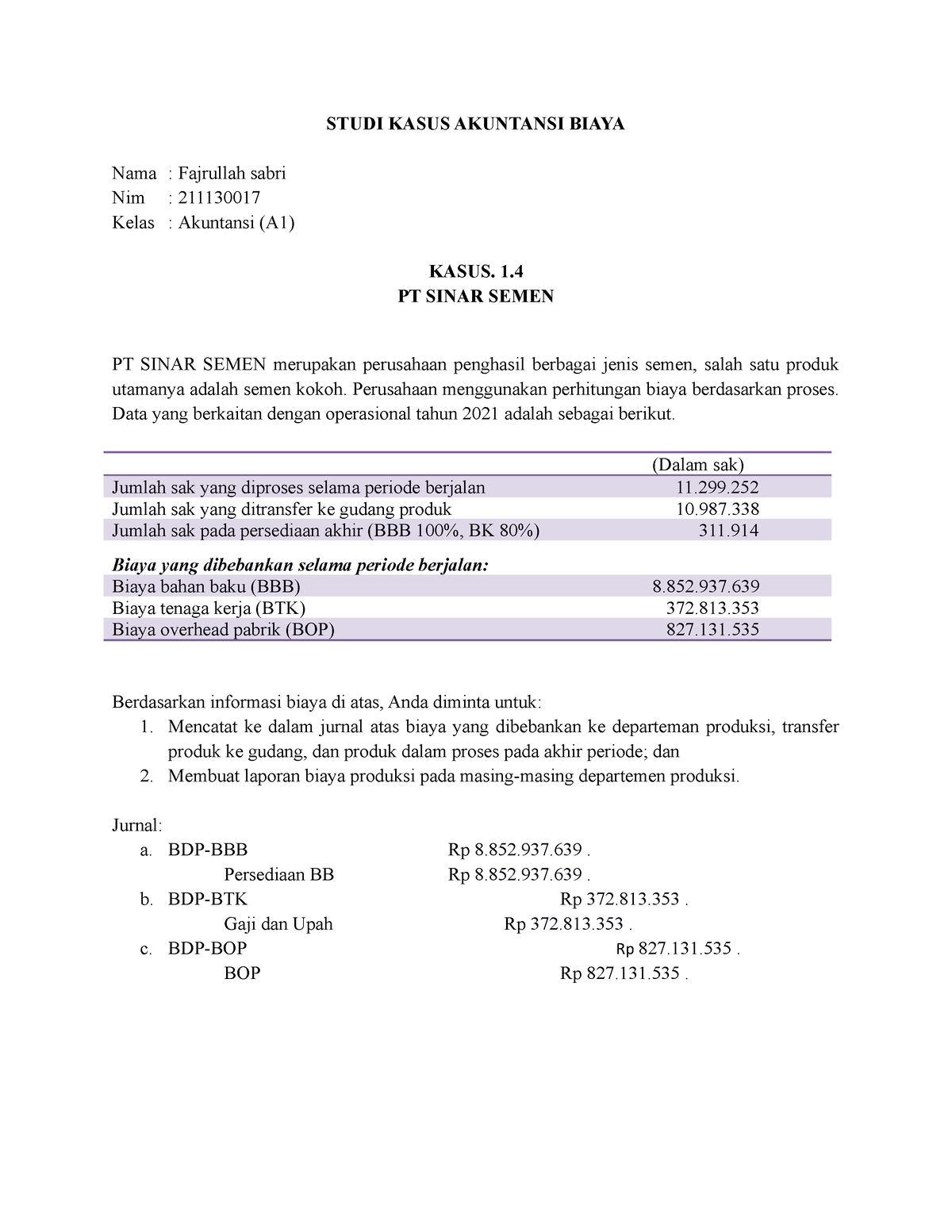 Fajrullah Sabri (211130017)Tugas Akuntansi Biaya Sem. II (Kasus 1 ...