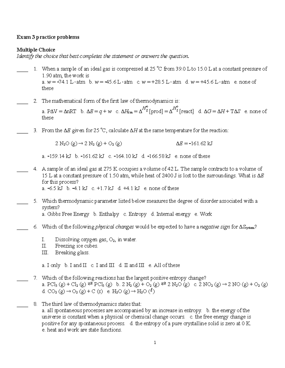 Exam 3 Practice Problems - Exam 3 Practice Problems Multiple Choice 