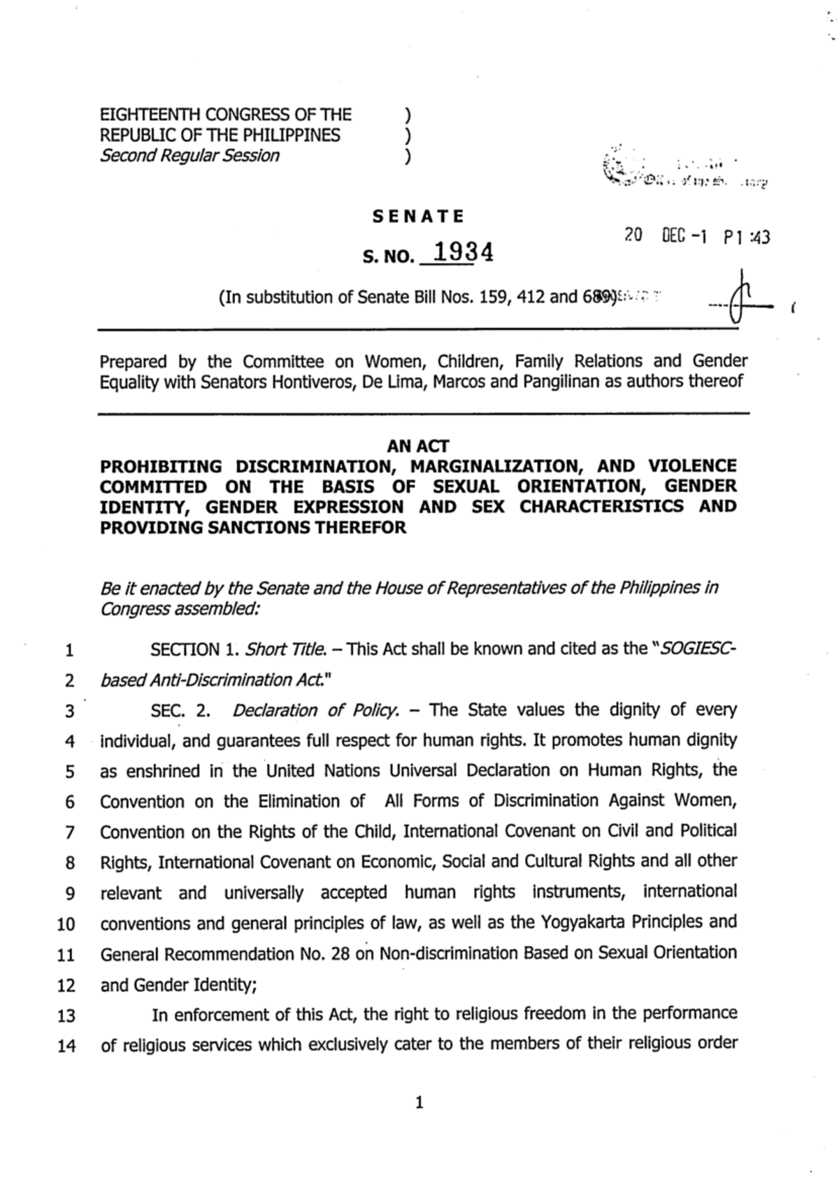 SB No. 1934 Sogiesc-based Anti-Discrimination Act - EIGHTEENTH CONGRESS ...