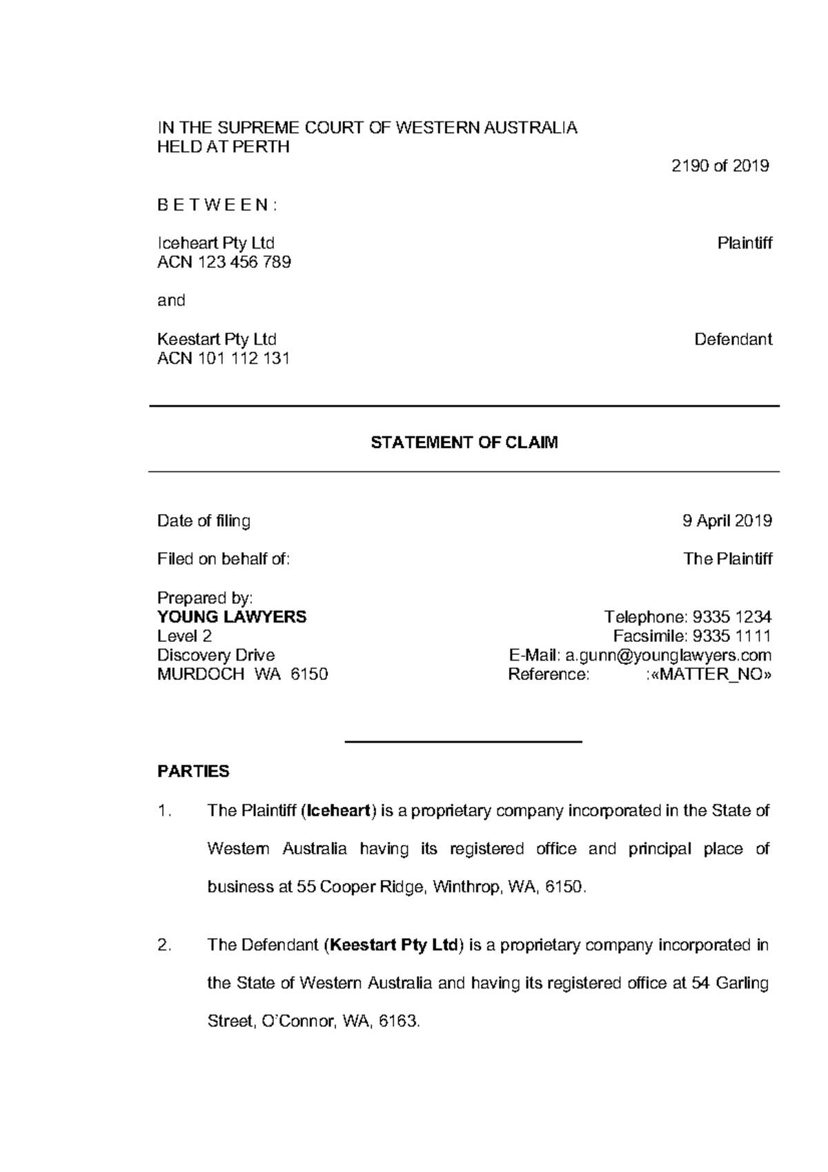 Example Statement Of Claim IN THE SUPREME COURT OF WESTERN AUSTRALIA