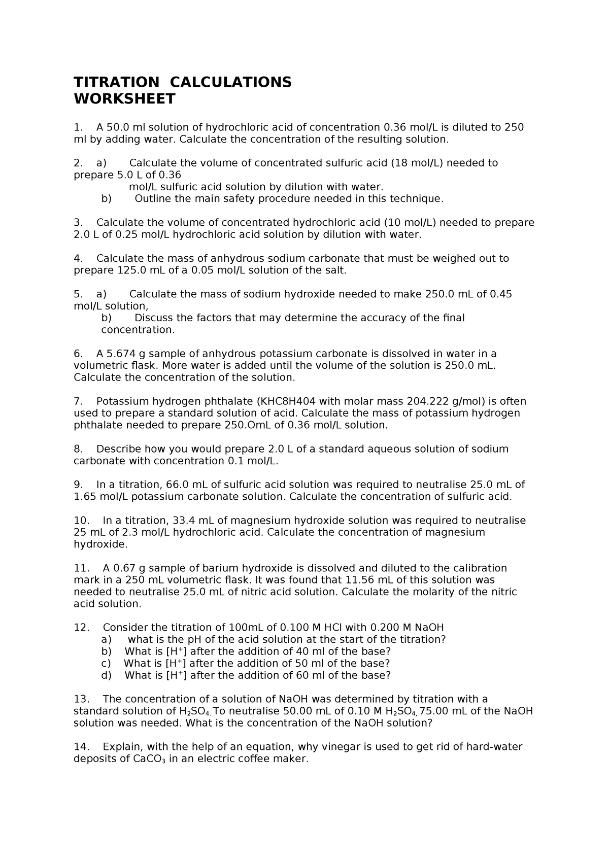 Titration Calculations TITRATION CALCULATIONS WORKSHEET A 50 ml