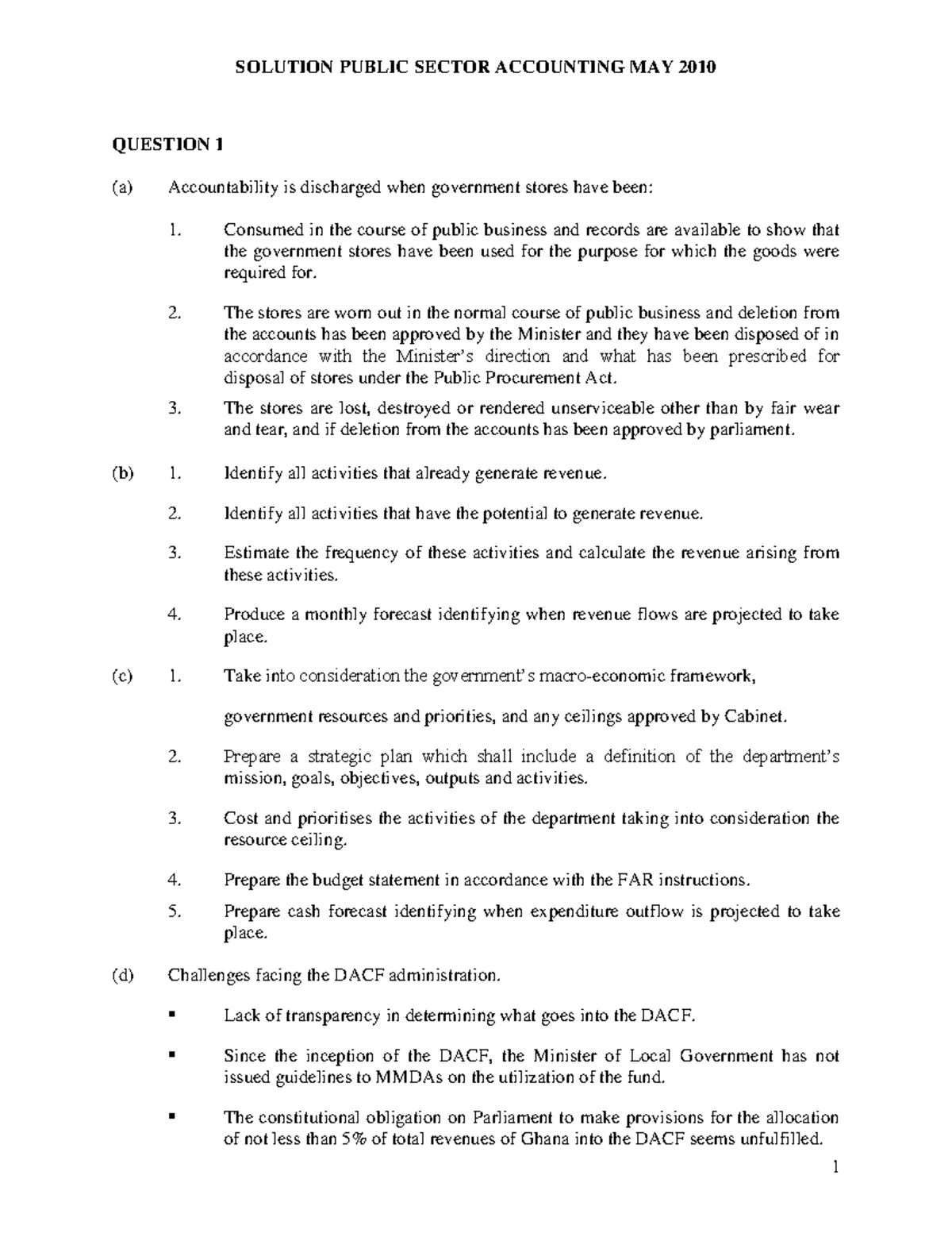 Solution Public Sector Accounting may 2010 - QUESTION 1 (a ...