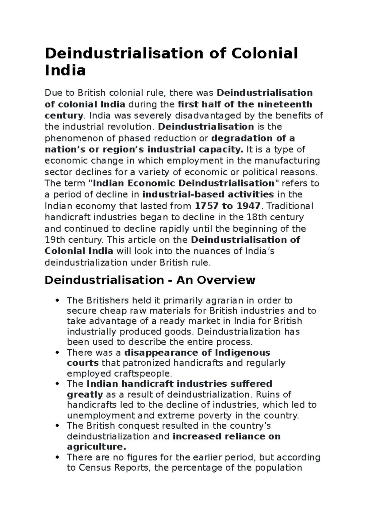 Deindustrialisation of Colonial India India was severely
