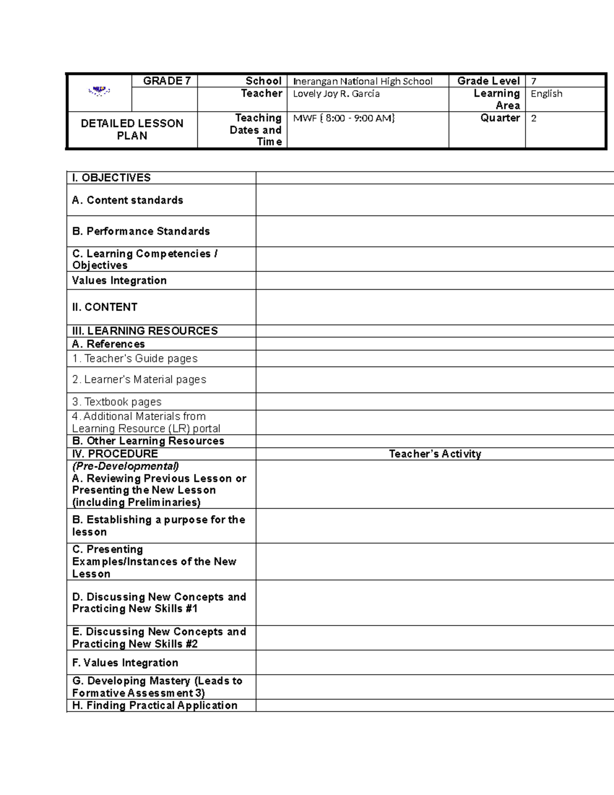 New Template Lesson Plan - GRADE 7 School Inerangan National High ...