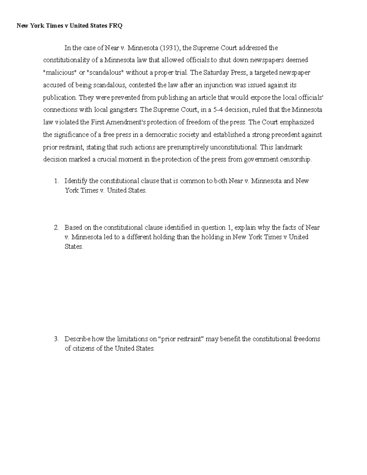 New York Times v U.S. FRQ New York Times v United States FRQ In the