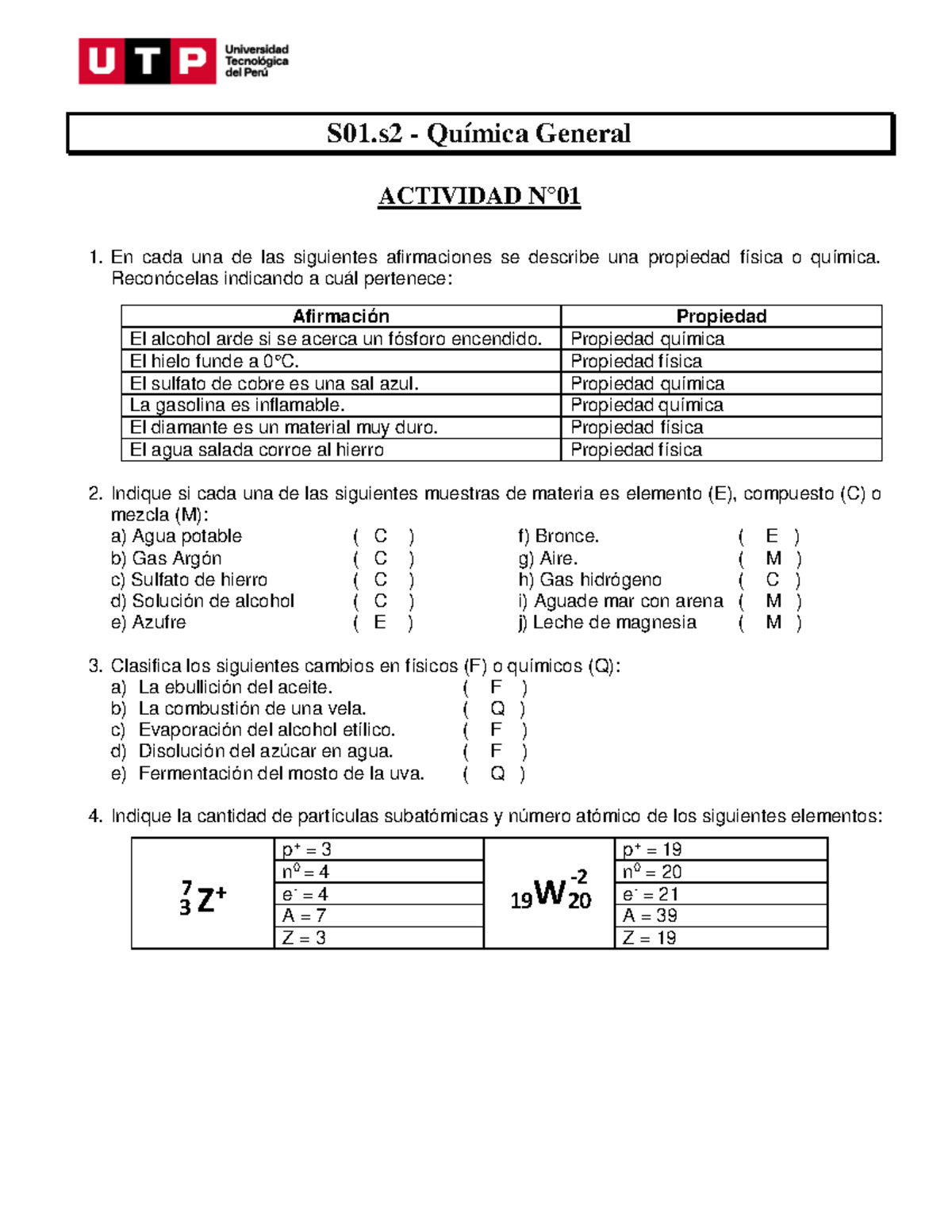 I02N Ejercicios S01 Tabla Periódica S01 Química General ACTIVIDAD N En cada una de las