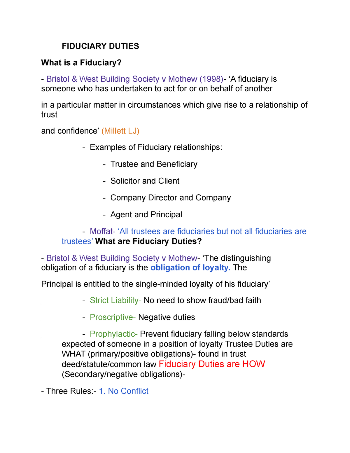 Fiduciary Duties - Full Study Notes. - FIDUCIARY DUTIES What is a