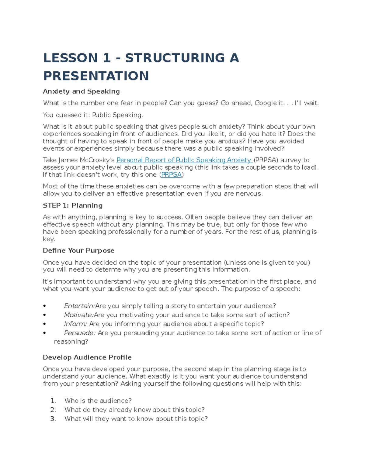 Structuring a presentation - LESSON 1 - STRUCTURING A PRESENTATION ...