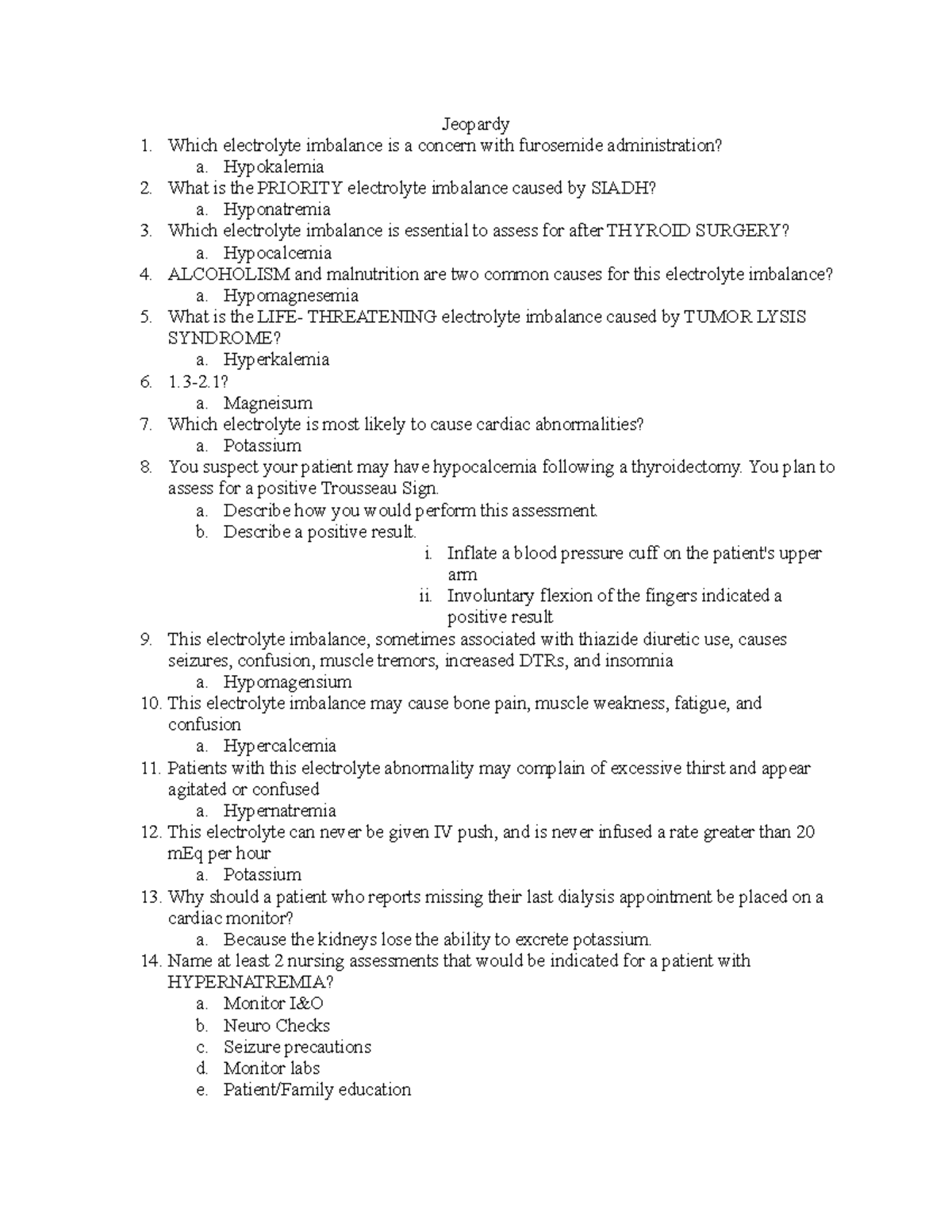 Jeopardy Electrolytes Answers - Jeopardy Which electrolyte imbalance is ...