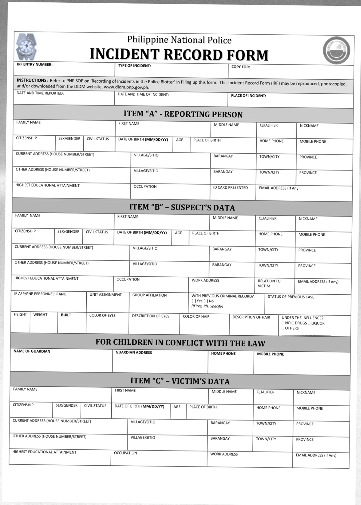 Scan10001 - asd - Philippine National Police INCIDENT RECORD FORM IRF ...