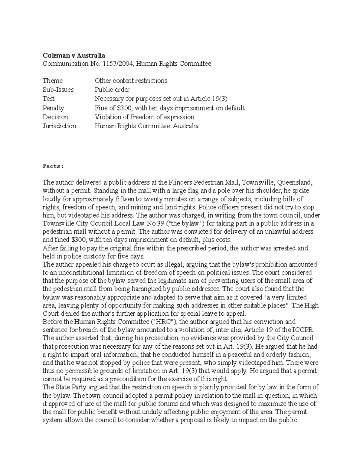 Coleman v Australia Notes Coleman v Australia Communication No