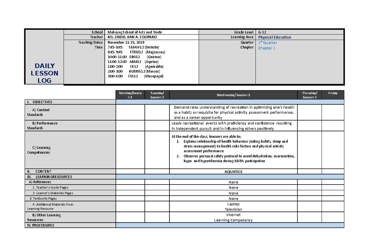 November 11-15, 2019 - Physical education - DAILY LESSON LOG School ...