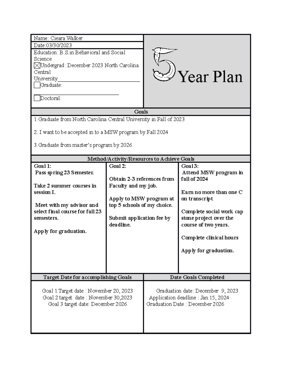 5 Year Plan Completed 5 year Plan Example This Assignment Is A Thoroughly Descriptive Outline