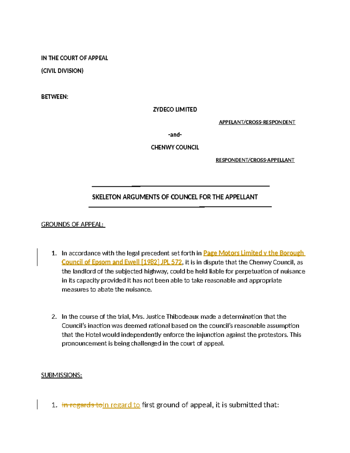 Skeleton argument draft - IN THE COURT OF APPEAL (CIVIL DIVISION ...