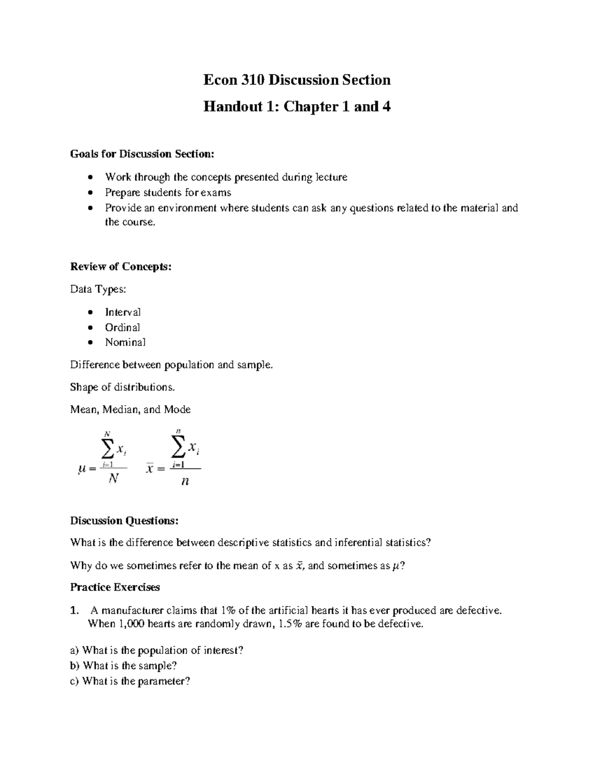 Econ 310 Discussion Section chapter 1 and 4 review worksheet - Econ 310 ...